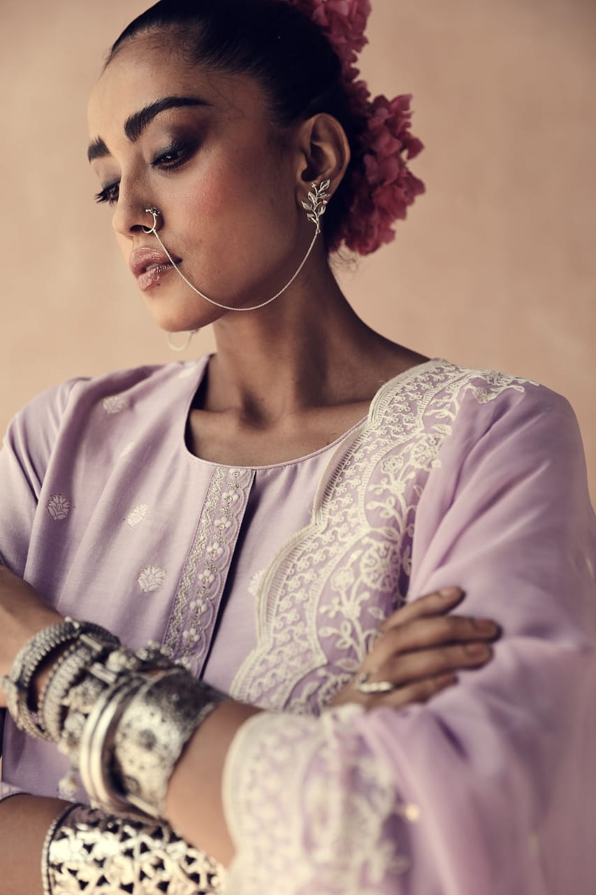 Lavender Straight Fit Cotton Silk Suit Set | HER-236