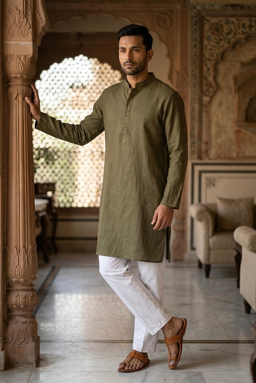 Men’s Pure Linen Kurta Pajama Set – Olive Green