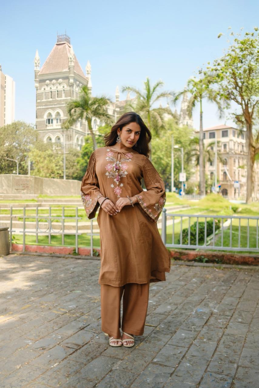 Caramel Brown Embroidered A-Line Kurta Set | HER-723