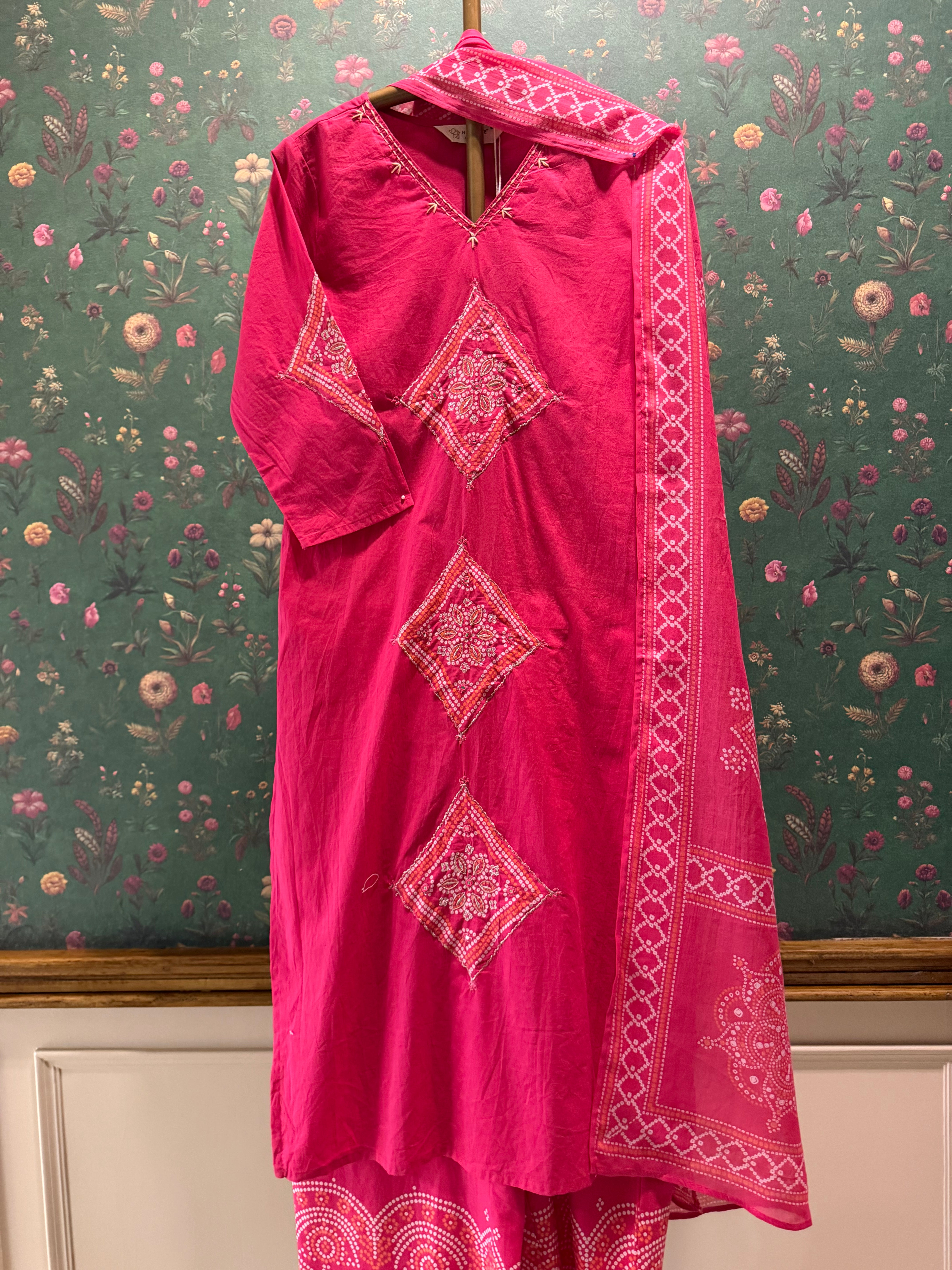 Fuchsia Pink Embroidered Cotton Suit Set | HER-718