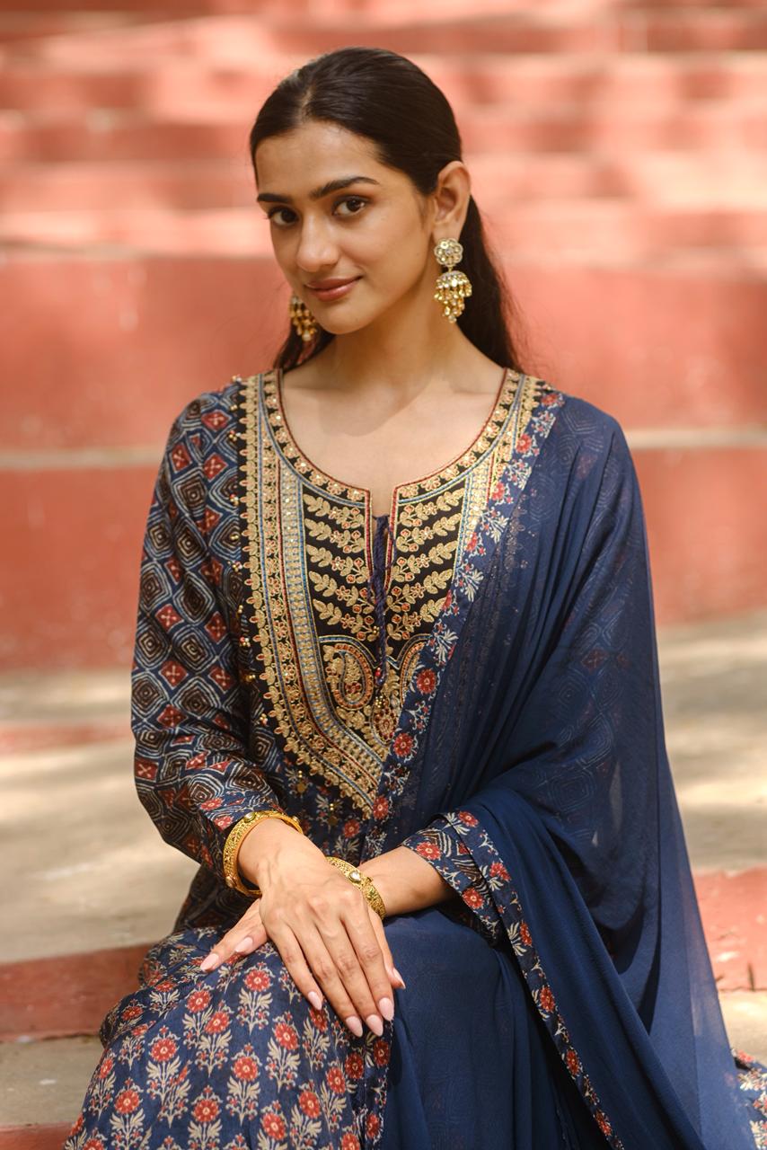 Blue Ajrakh A-Line Chanderi Silk Suit Set | HER-635 x Prachi