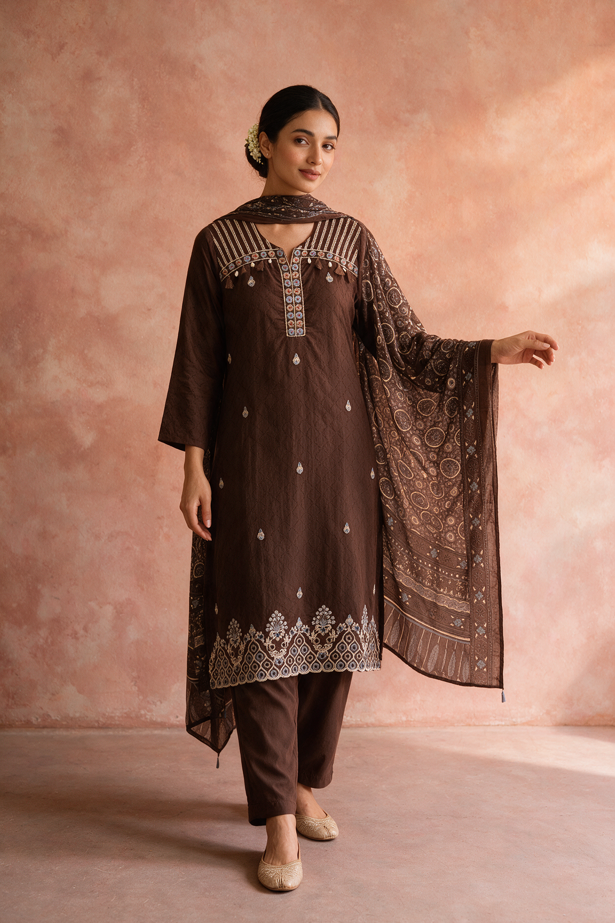 Chocolate Brown Embroidered Pure Cotton Suit Set