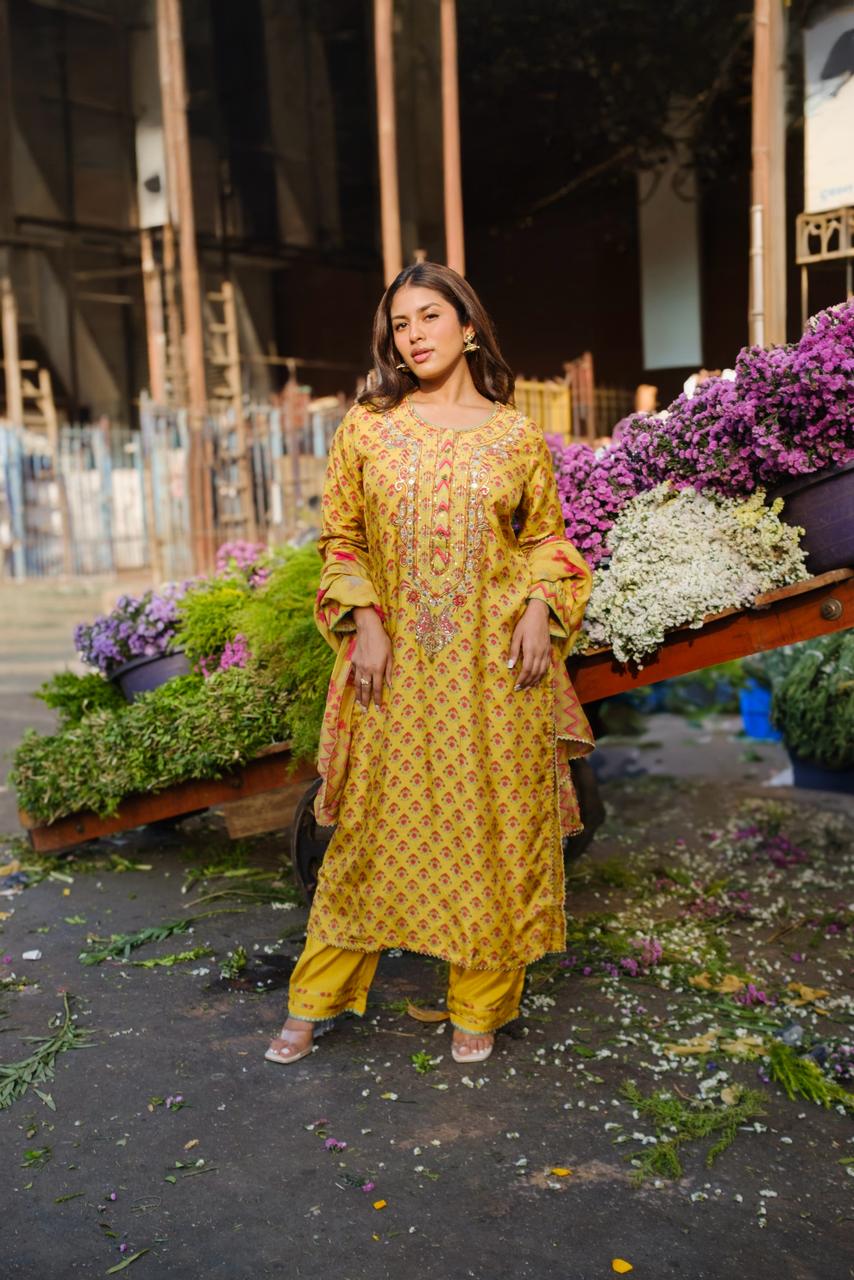 Sunshine Yellow Floral Chanderi Silk Suit Set | HER-636