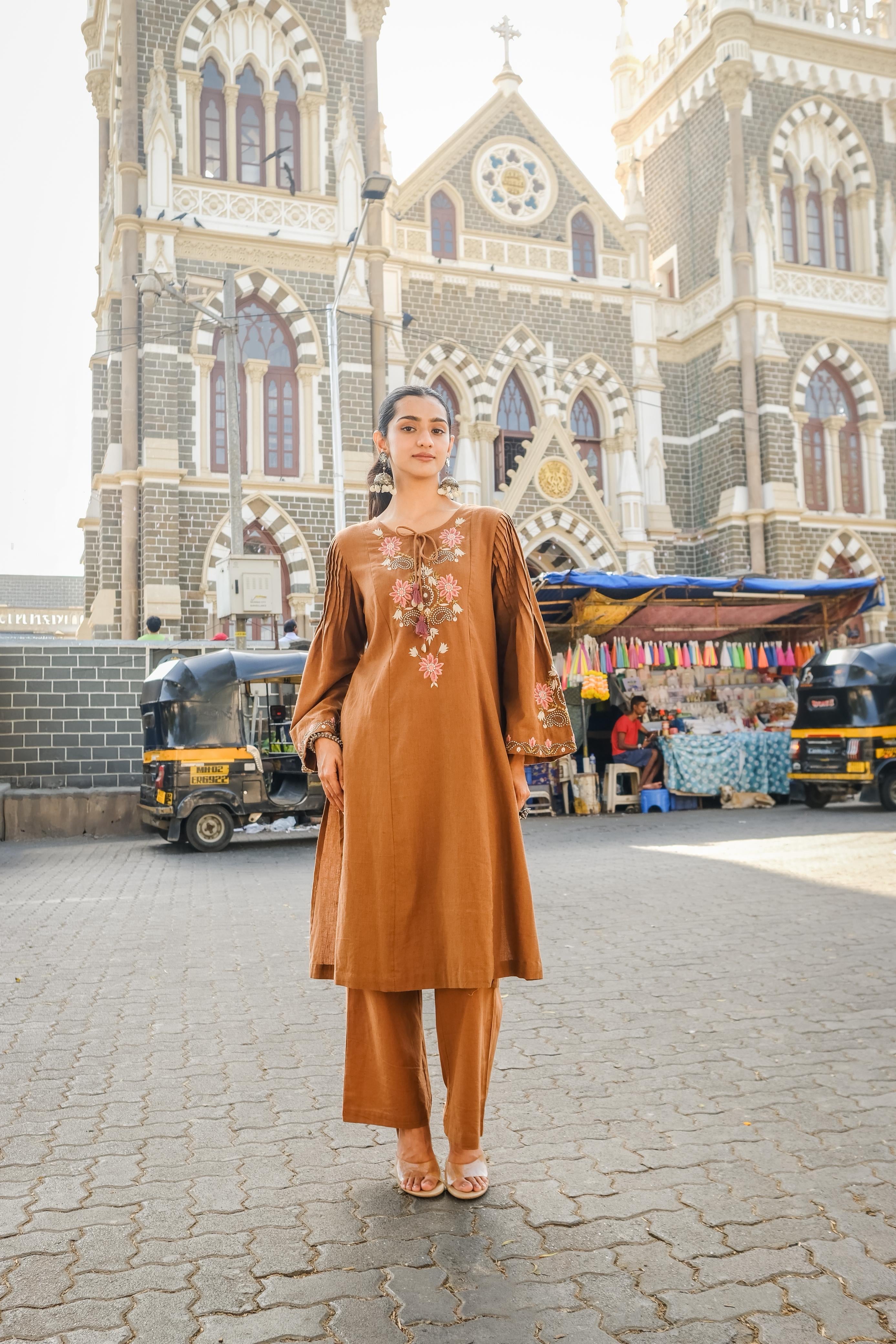 Caramel Brown Embroidered A-Line Kurta Set | HER-723