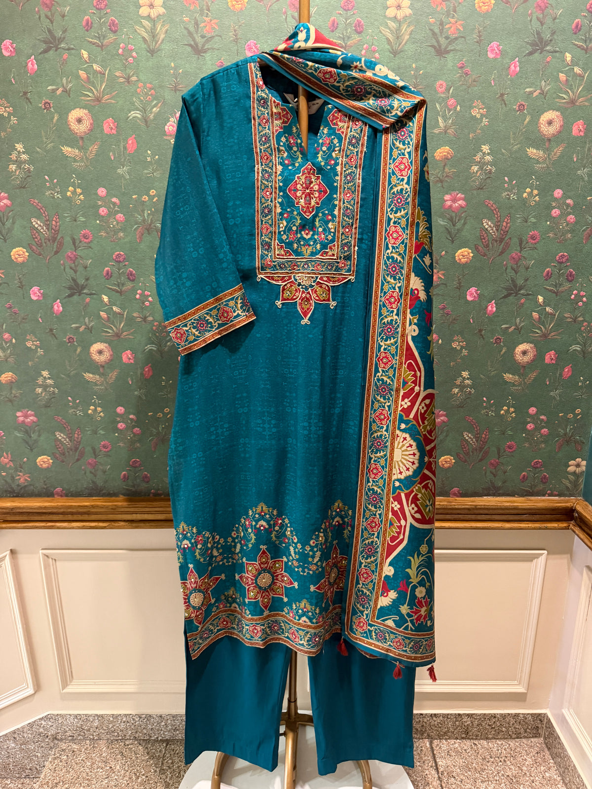 Teal Green Printed Soft Silk Suit Set