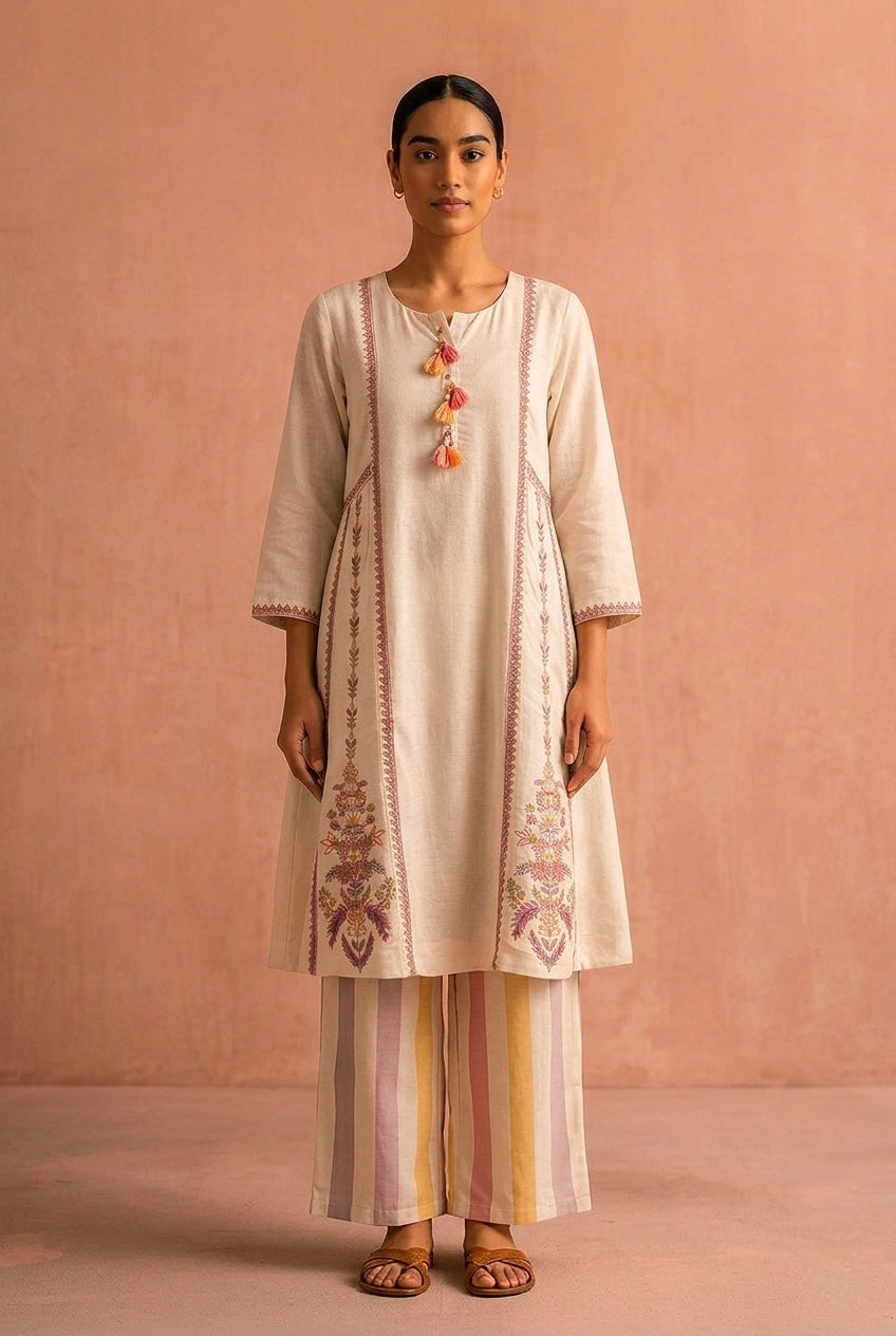 Ivory Embroidered A-Line Kurta Set | HER-628