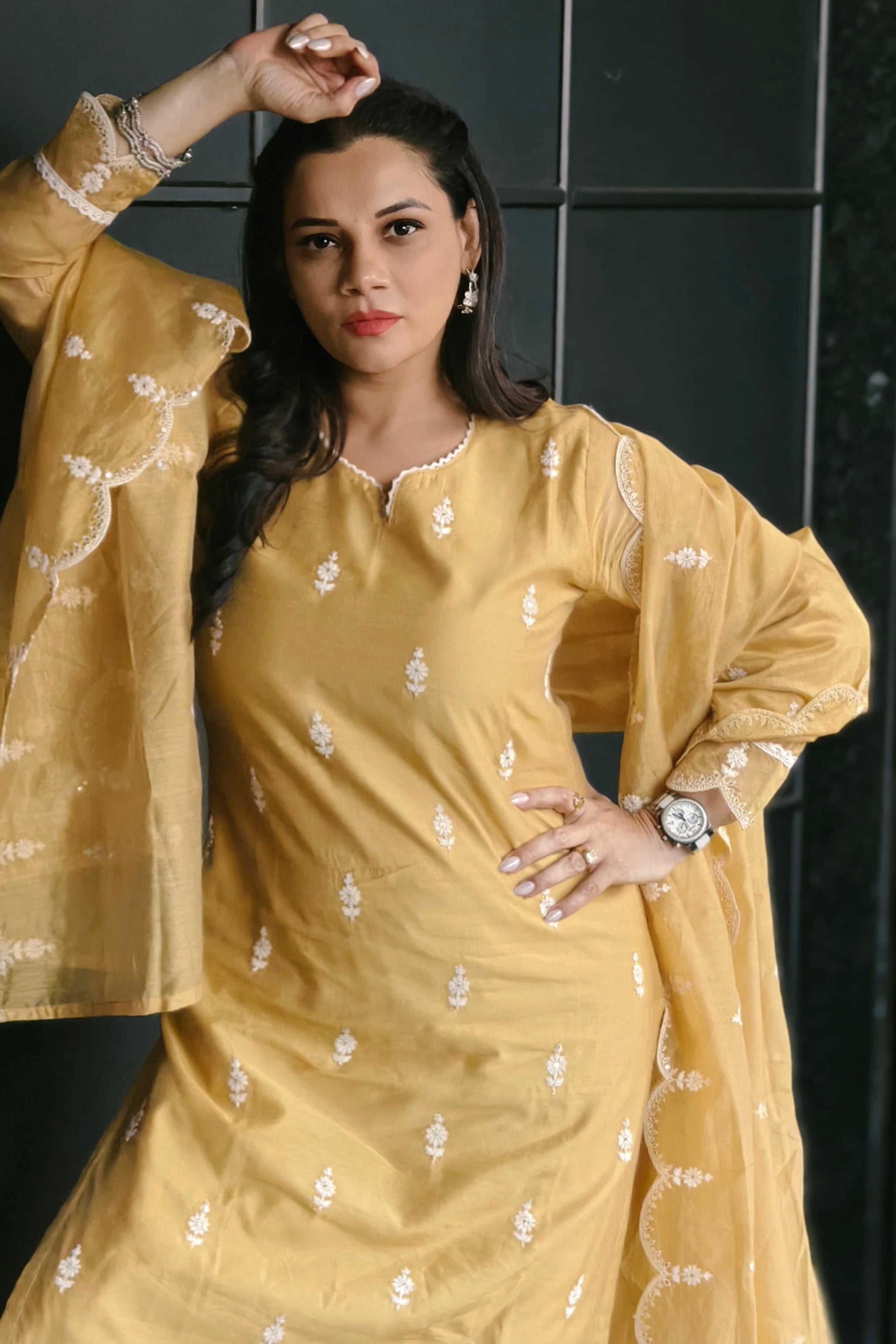 Mustard Yellow Hand-Embroidered Chanderi Suit Set | HER-406