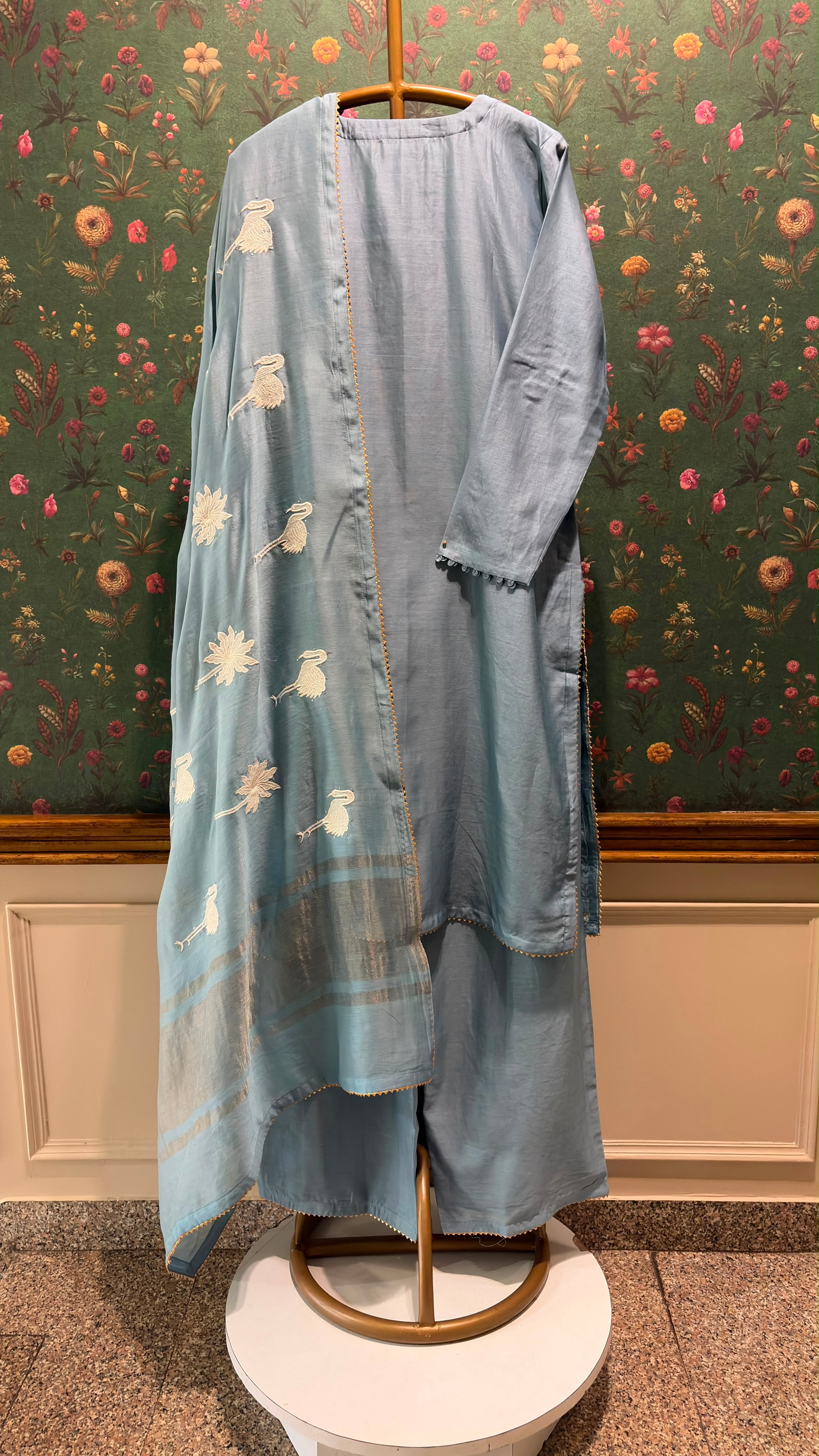 Powder Blue Floral Crane Embroidered Suit Set