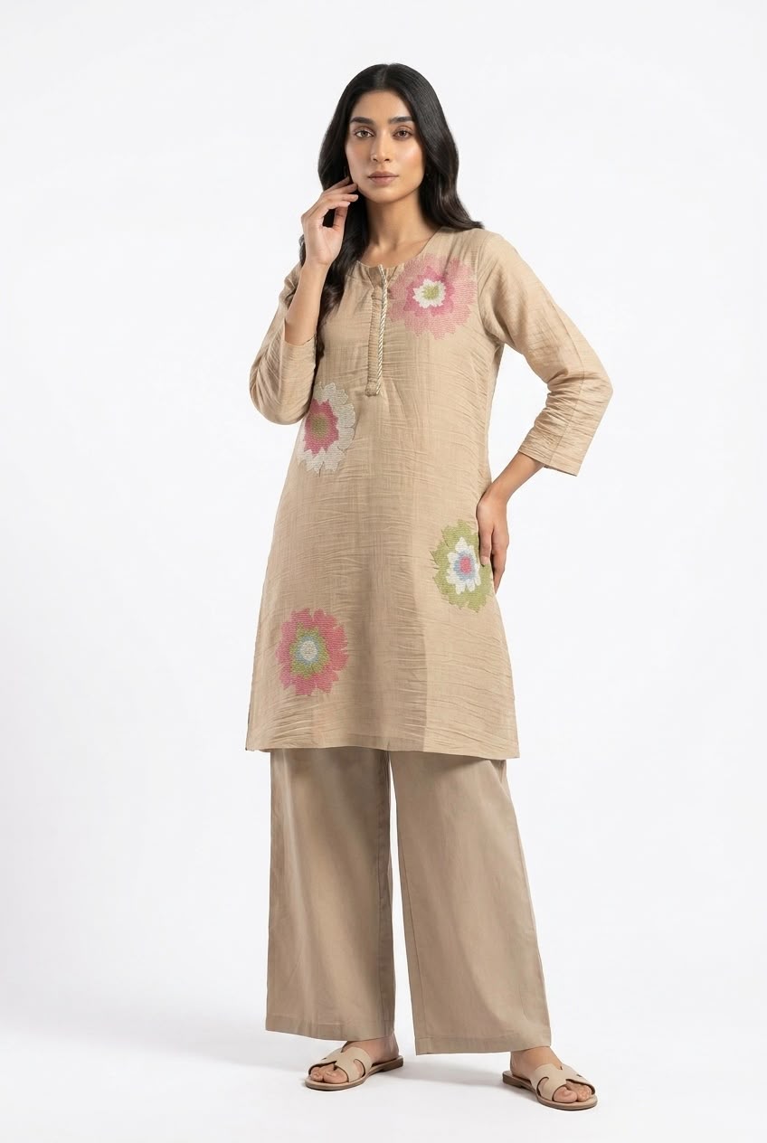 Blush Meadow Handcrafted Co-ord Set, Soft Beige | HER-623