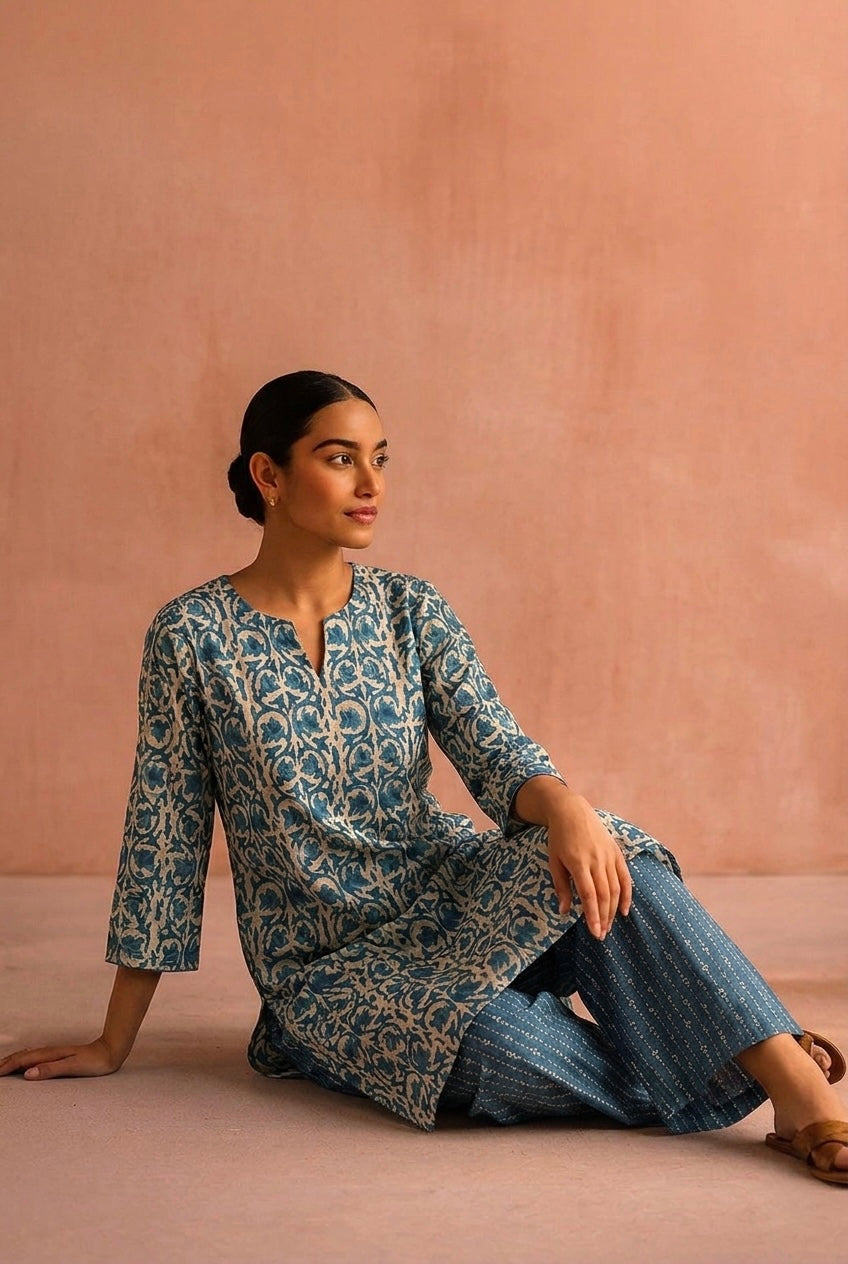 Blue Printed Cotton Suit Set | HER-732
