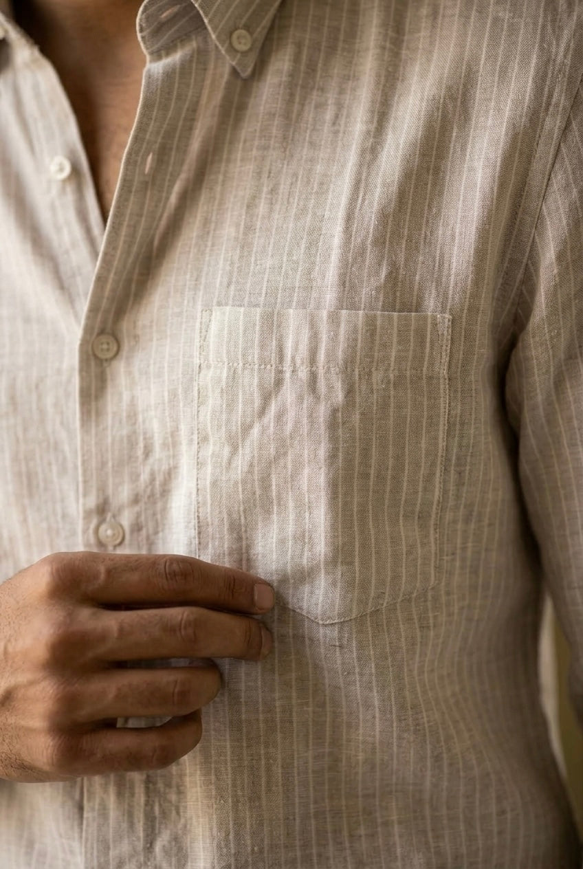 Men’s Ivory Printed Pure Linen Full Sleeves Shirt