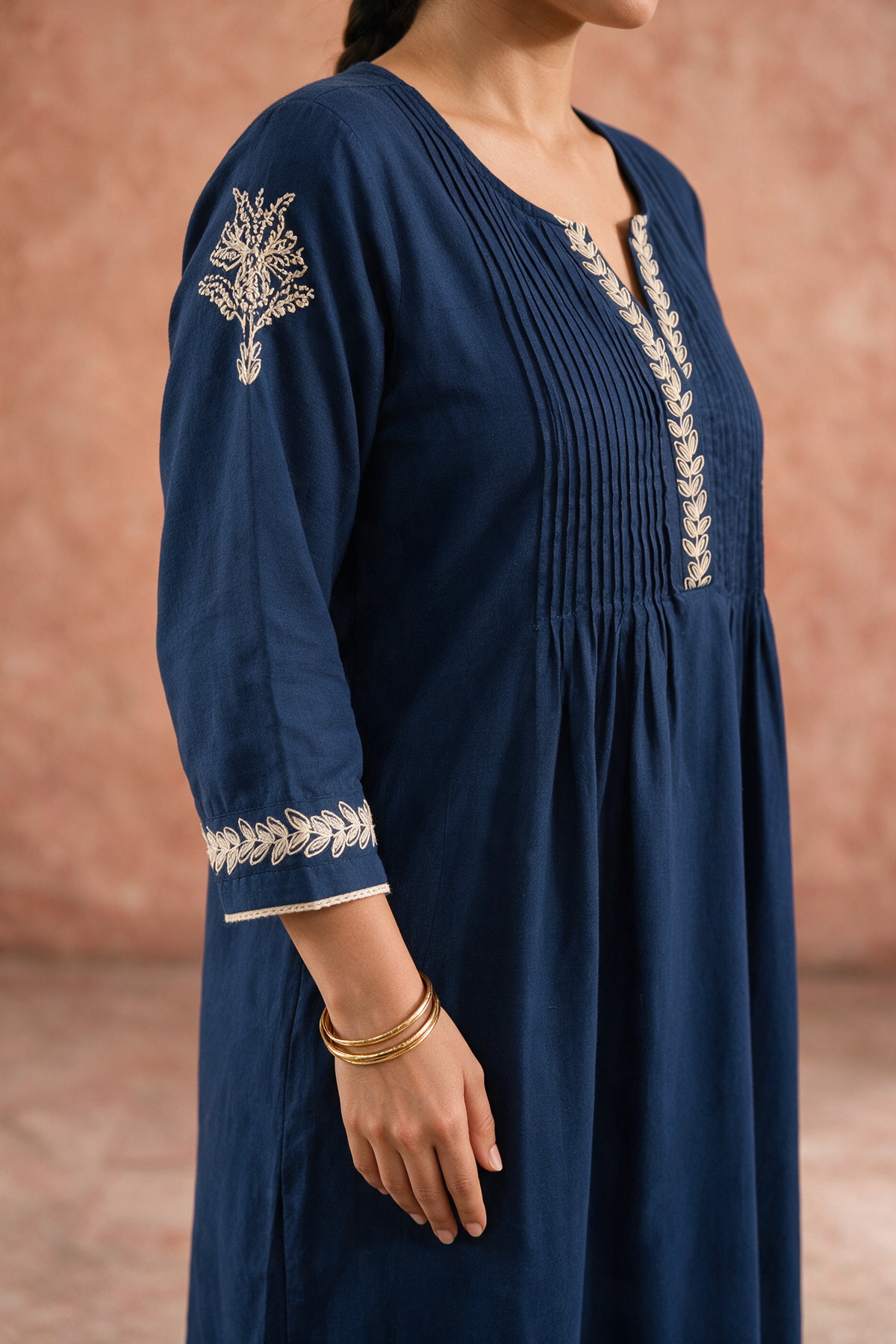 Navy Blue Pleated Embroidered Kurta Set