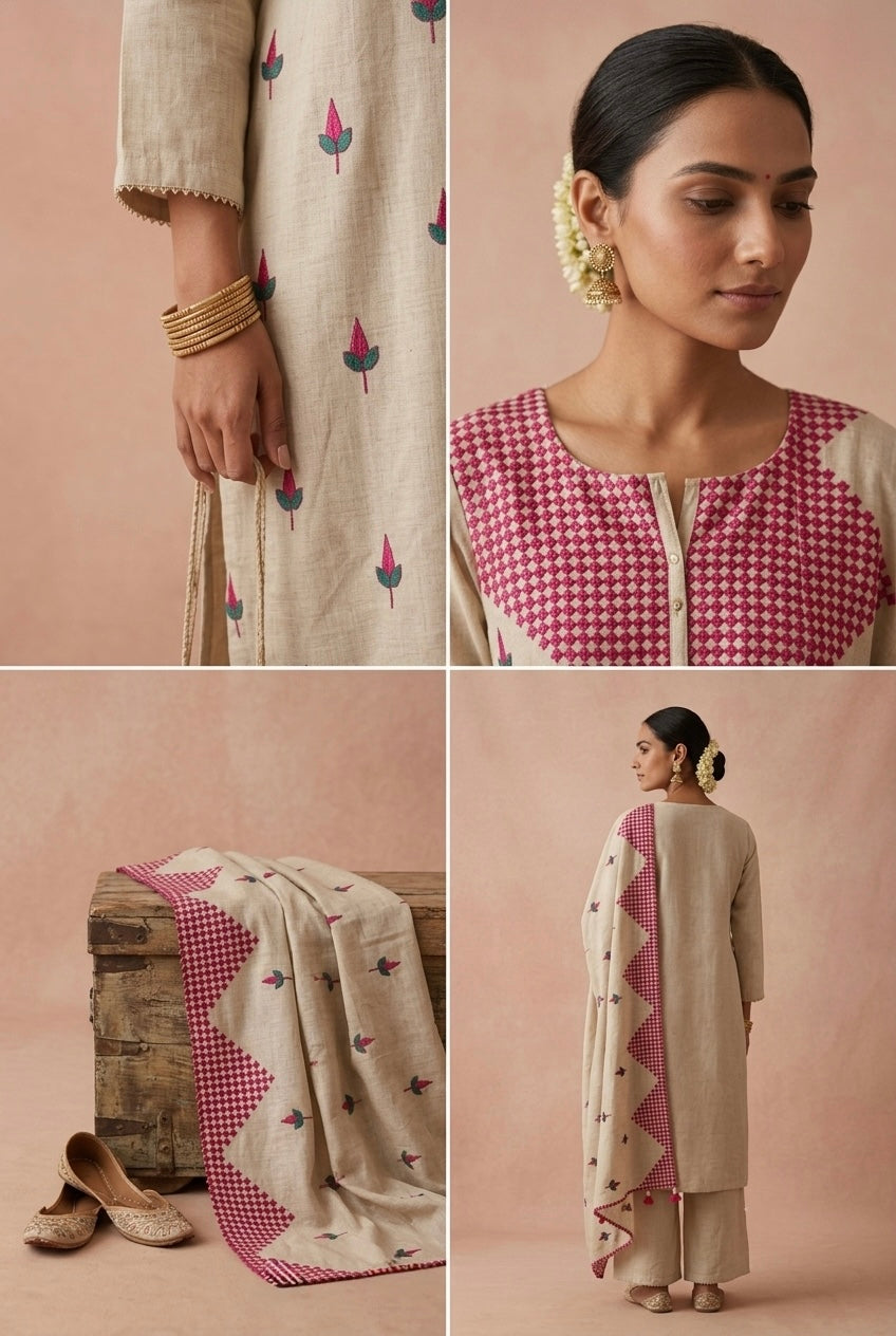 Ivory Beige and Pink Embroidered Pure Chanderi Suit Set