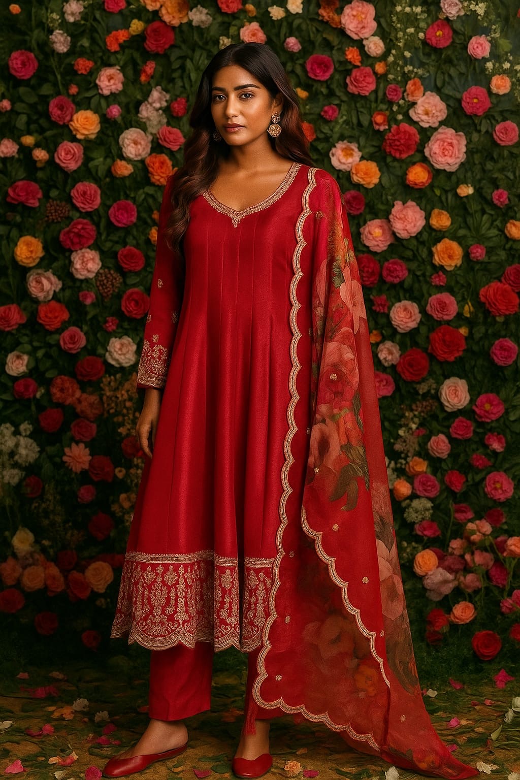 Ruhani Fuchsia Pink Satin Silk Anarkali Suit Set with Floral Organza Dupatta | HER-560