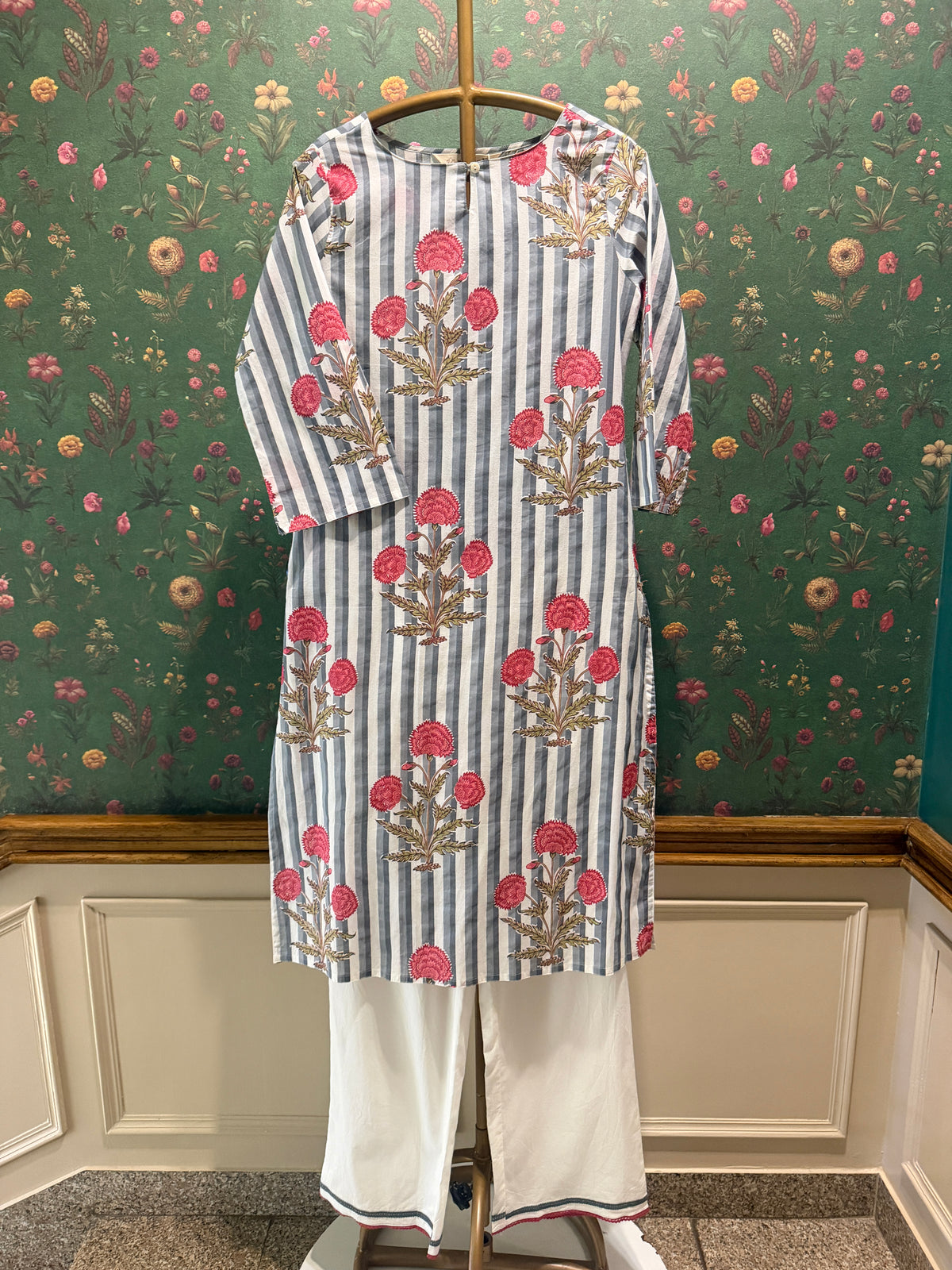 Blue Stripe Floral Cotton Kurta Set
