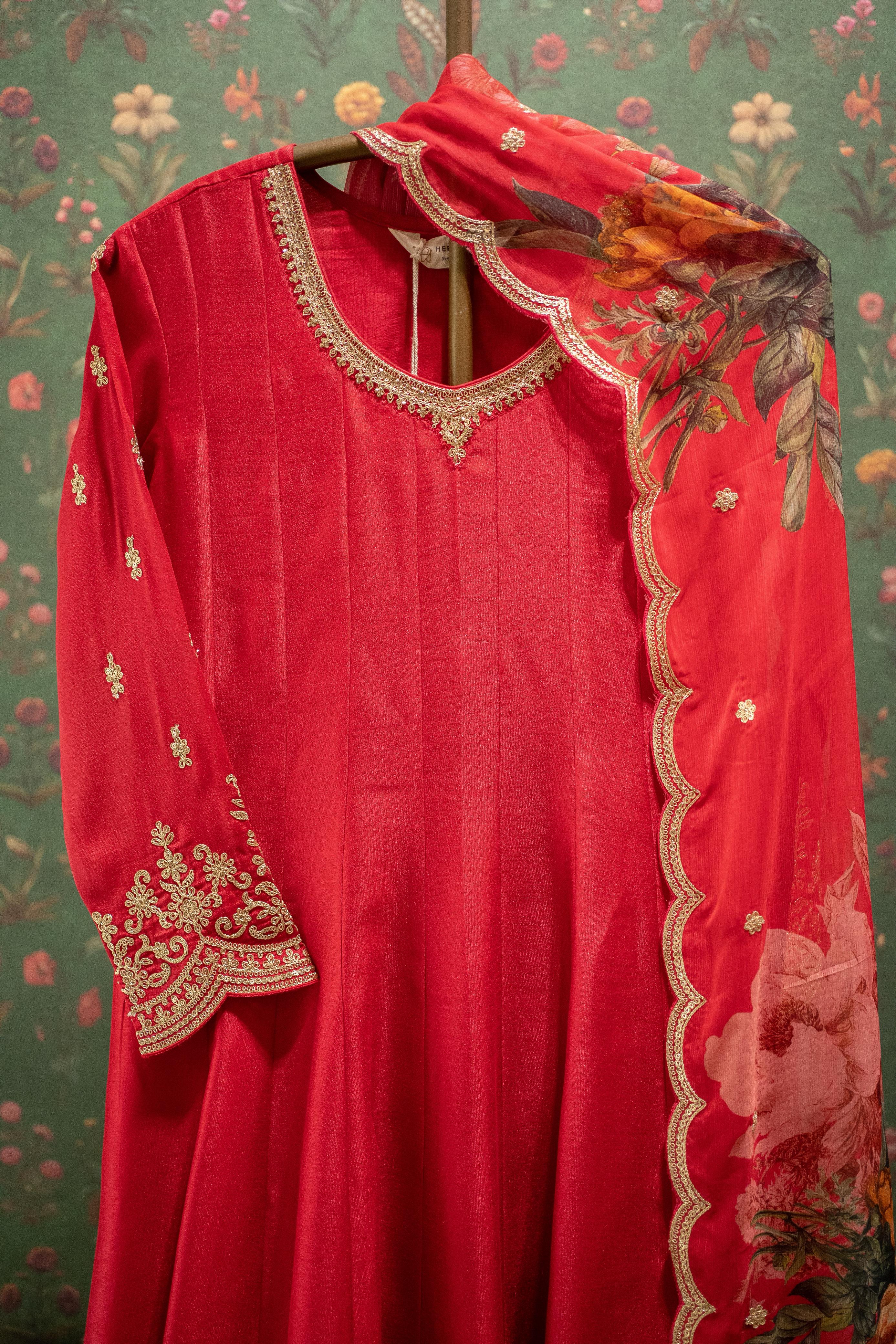 Ruhani Fuchsia Pink Satin Silk Anarkali Suit Set with Floral Organza Dupatta | HER-560