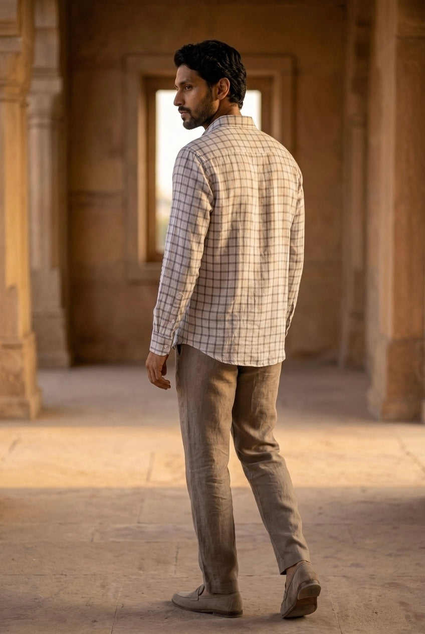 Men’s Ivory Grey Check Pure Linen Full Sleeves Shirt