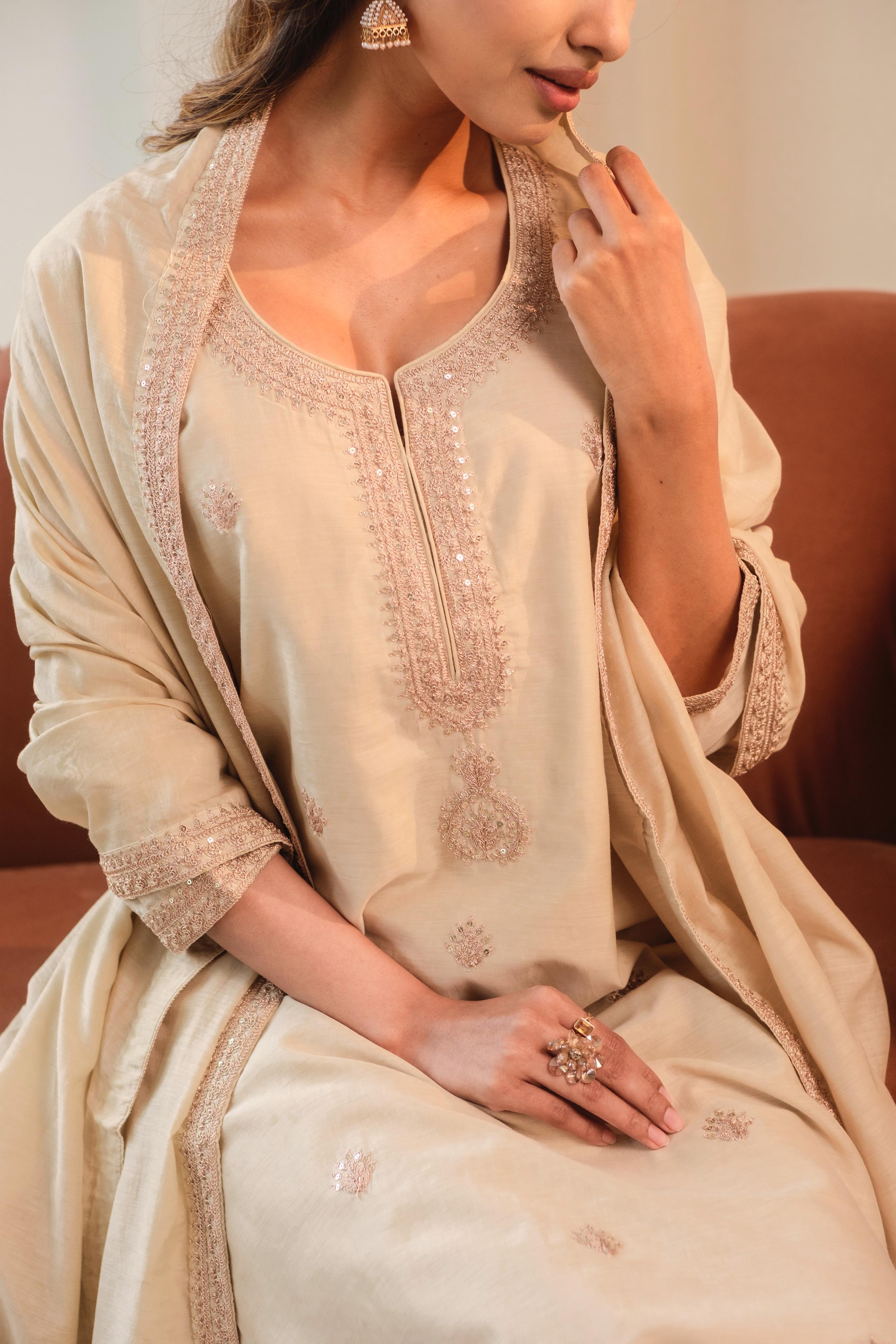 Aafreen Beige Mul Chanderi Embroidered Suit Set | HER-543