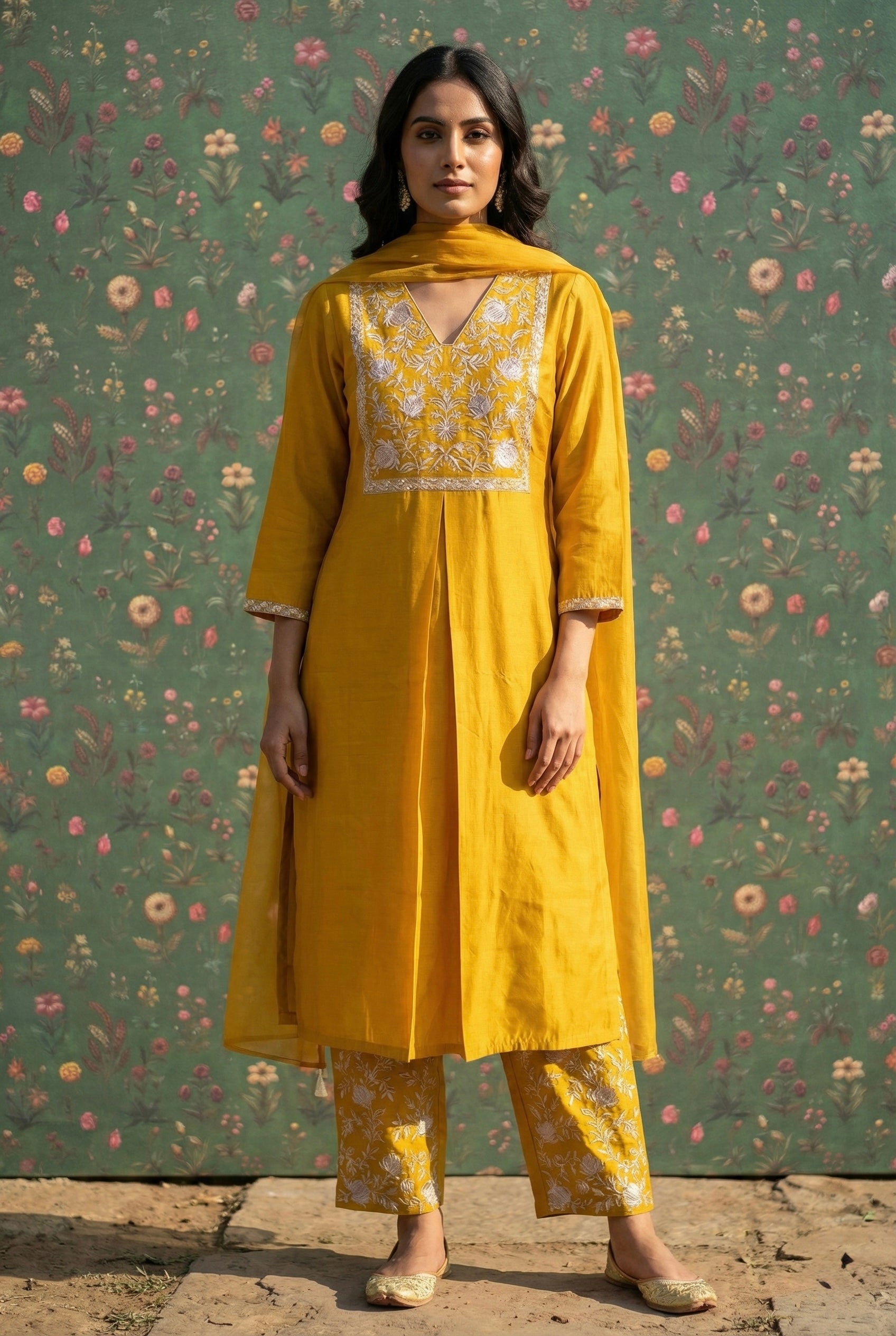 Saanjh Mustard Modal Silk Embroidered Suit Set | HER-553
