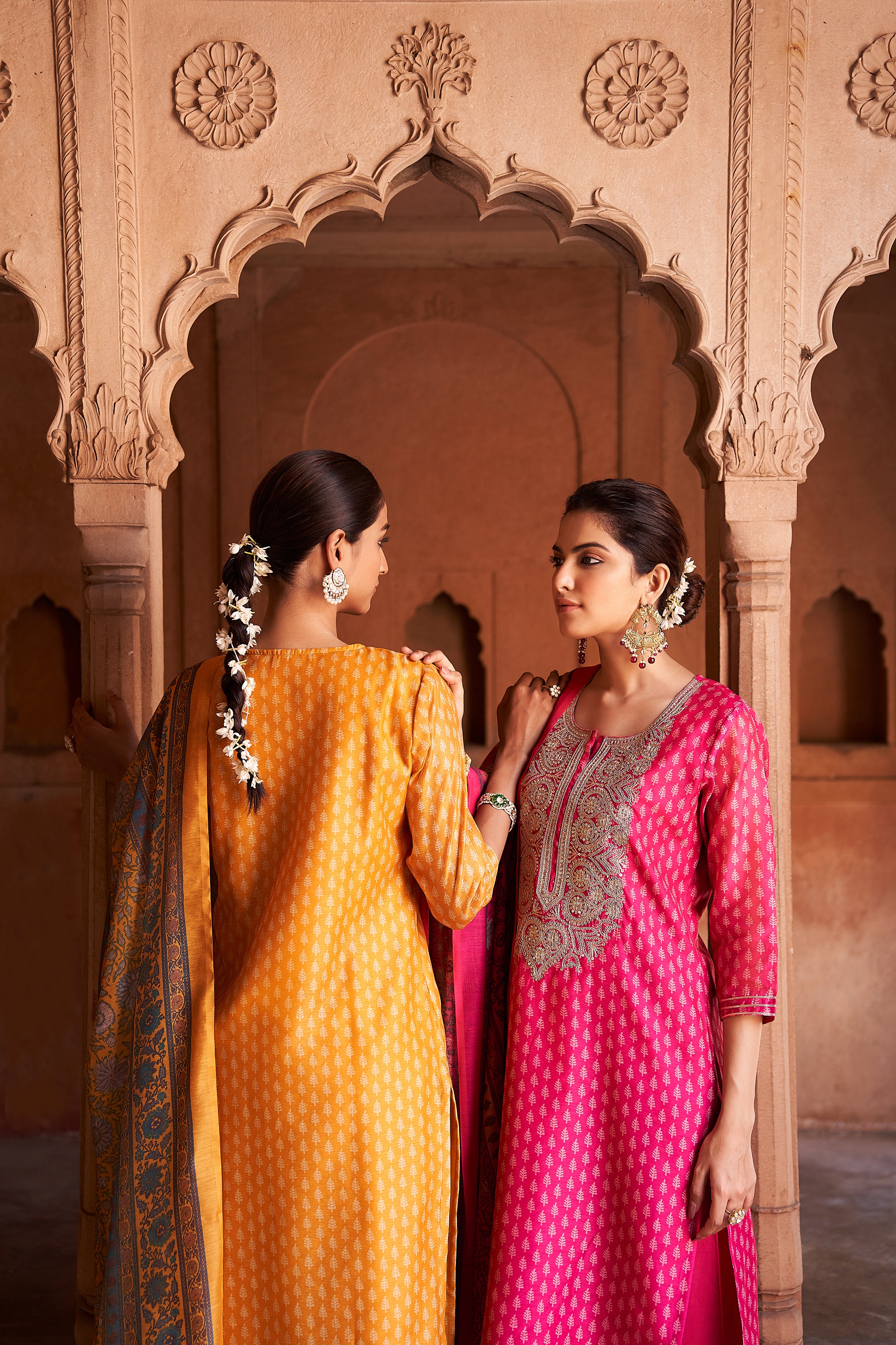 Mustard Chanderi Embroidered Suit Set