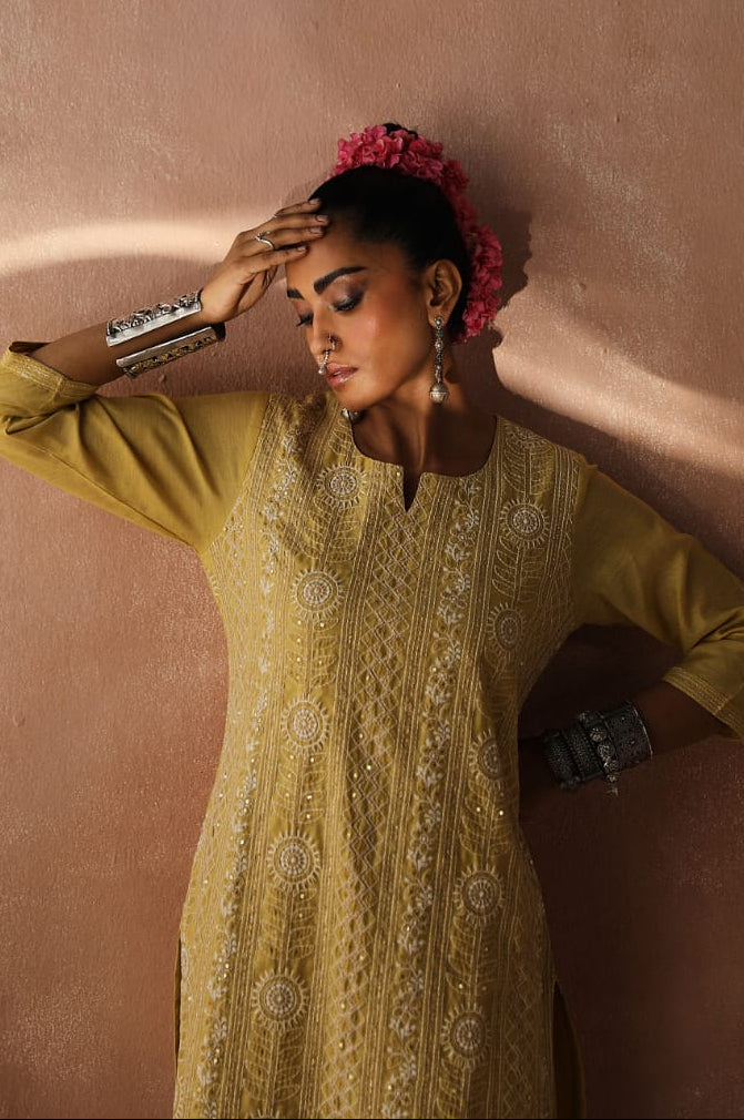 Yellow Chikankari Kurta/Co-ord Set | HER-258