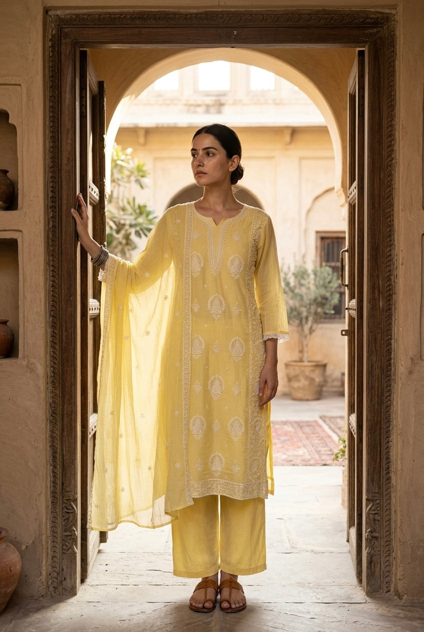 Pastel Yellow Embroidered Mul-Chanderi Suit Set | HER-788