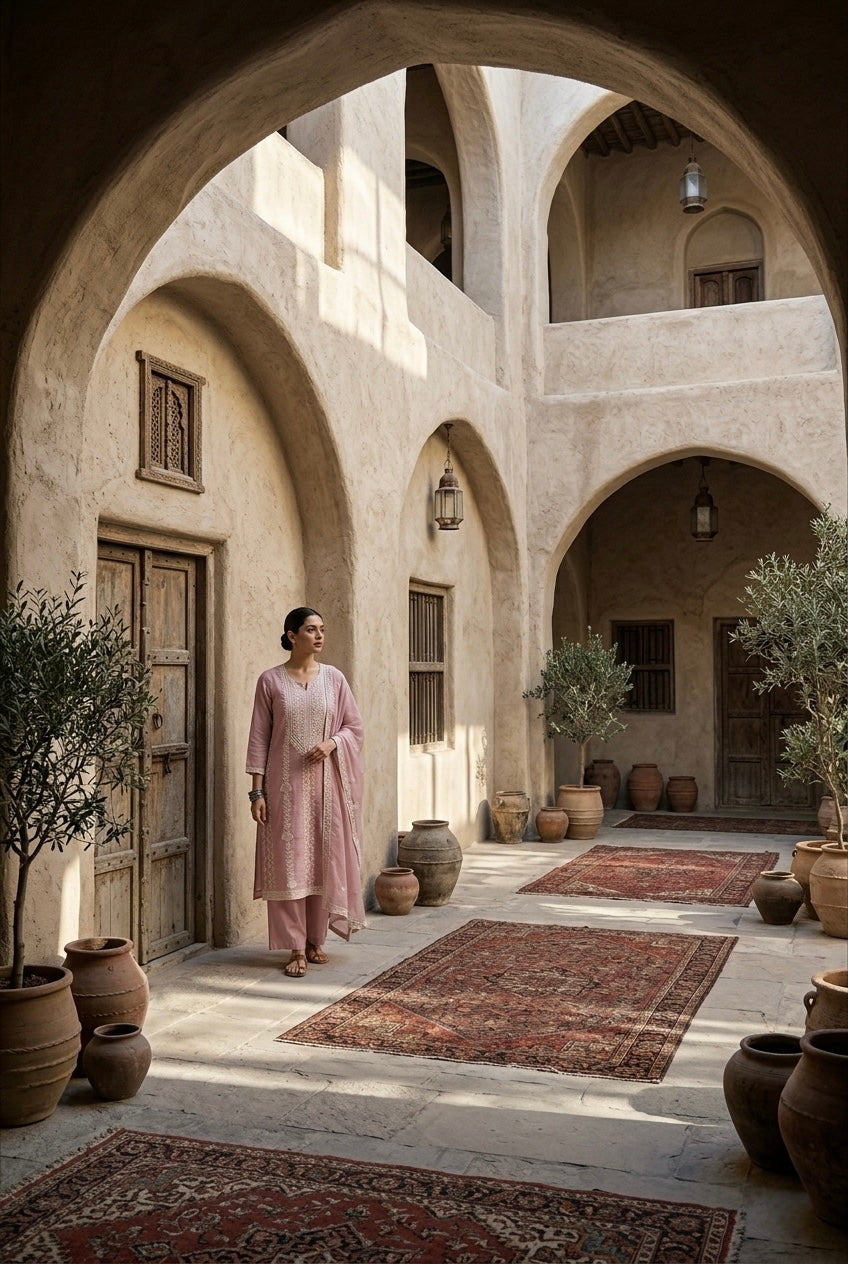 Rose Pink Embroidered Mul-Chanderi Suit Set | HER-786