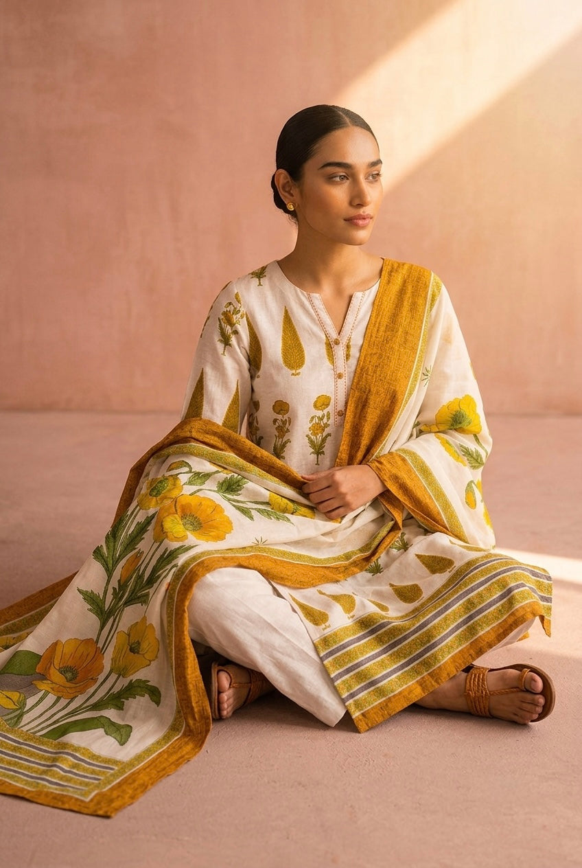 Marigold Mustard Yellow Printed Cotton Suit Set | HER-390