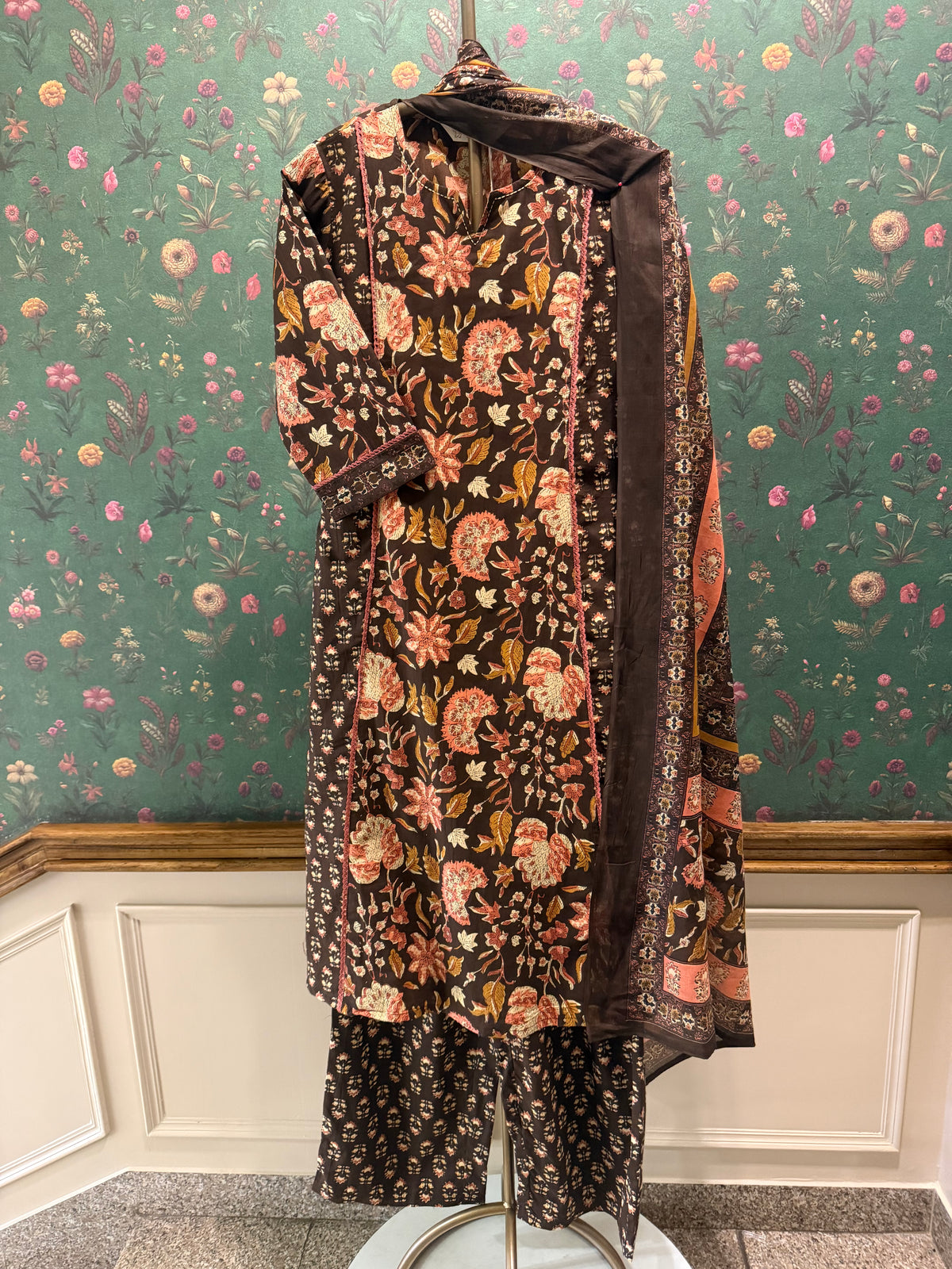 Dark Brown Floral Printed A-Line Cotton Suit Set | HER-713