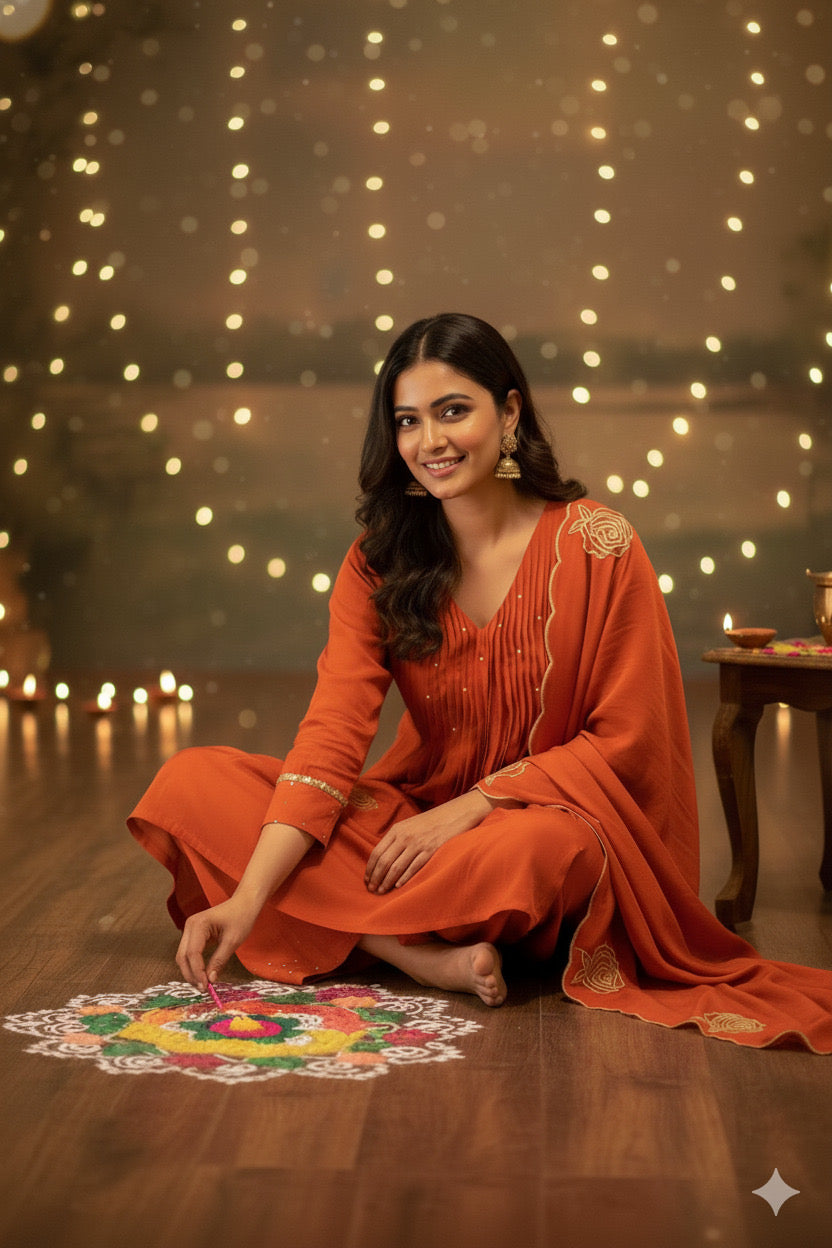 Terracotta Rust Orange, Rose Pintuck Palazzo Set with Scallop Dupatta| HER-587 RUST