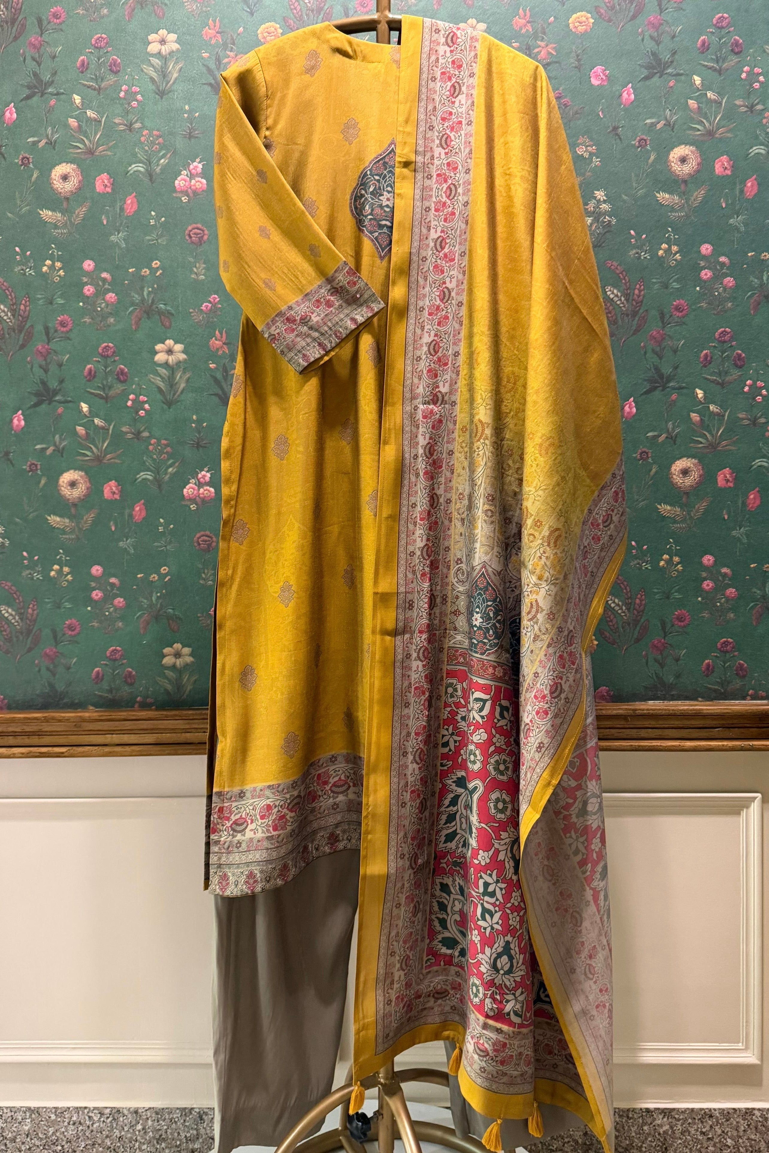 Mustard & Taupe Mughal Print Embellished Suit Set | HER-571