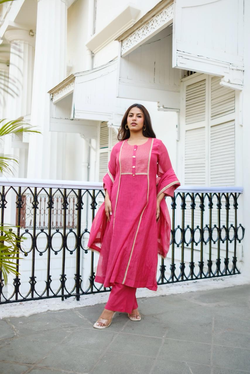 Meher Handcrafted Mul Chanderi A-Line Suit Set | HER-621