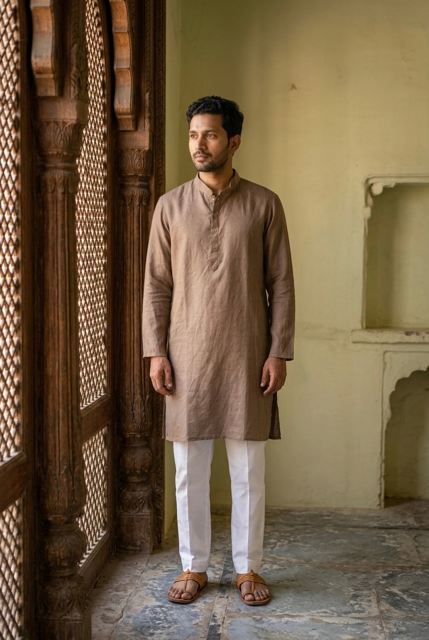 Men’s Pure Linen Kurta Pajama Set - Taupe Brown