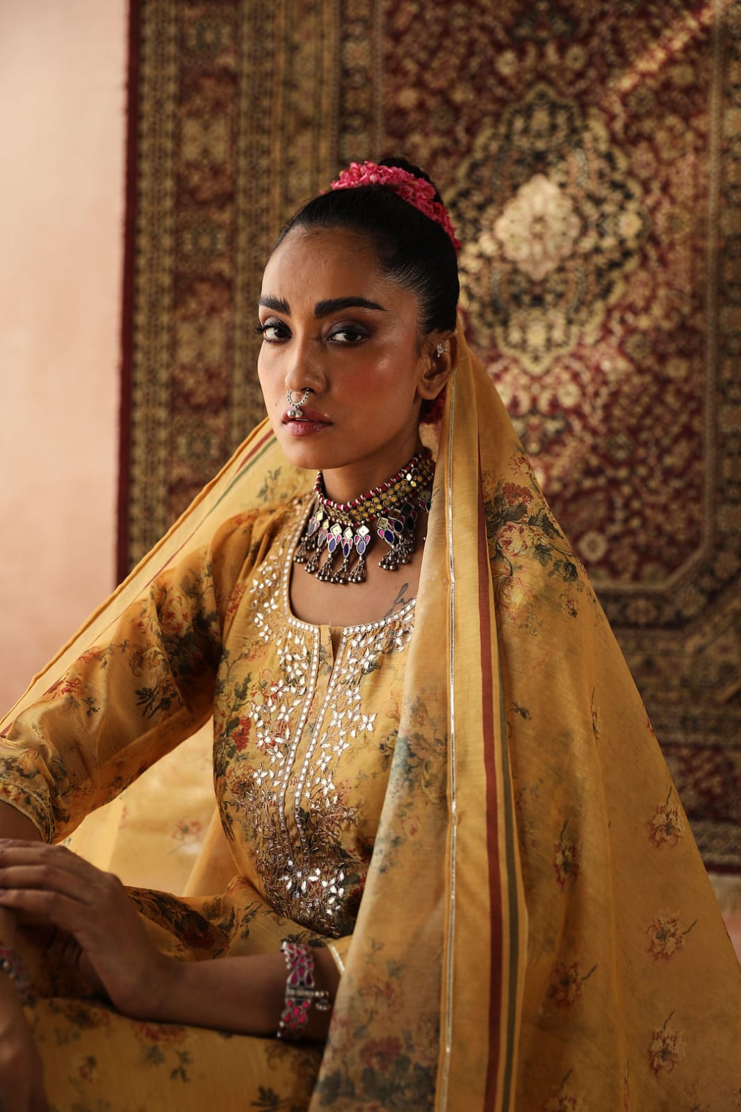 Heer Floral Yellow Chanderi Suit Set | HER-255