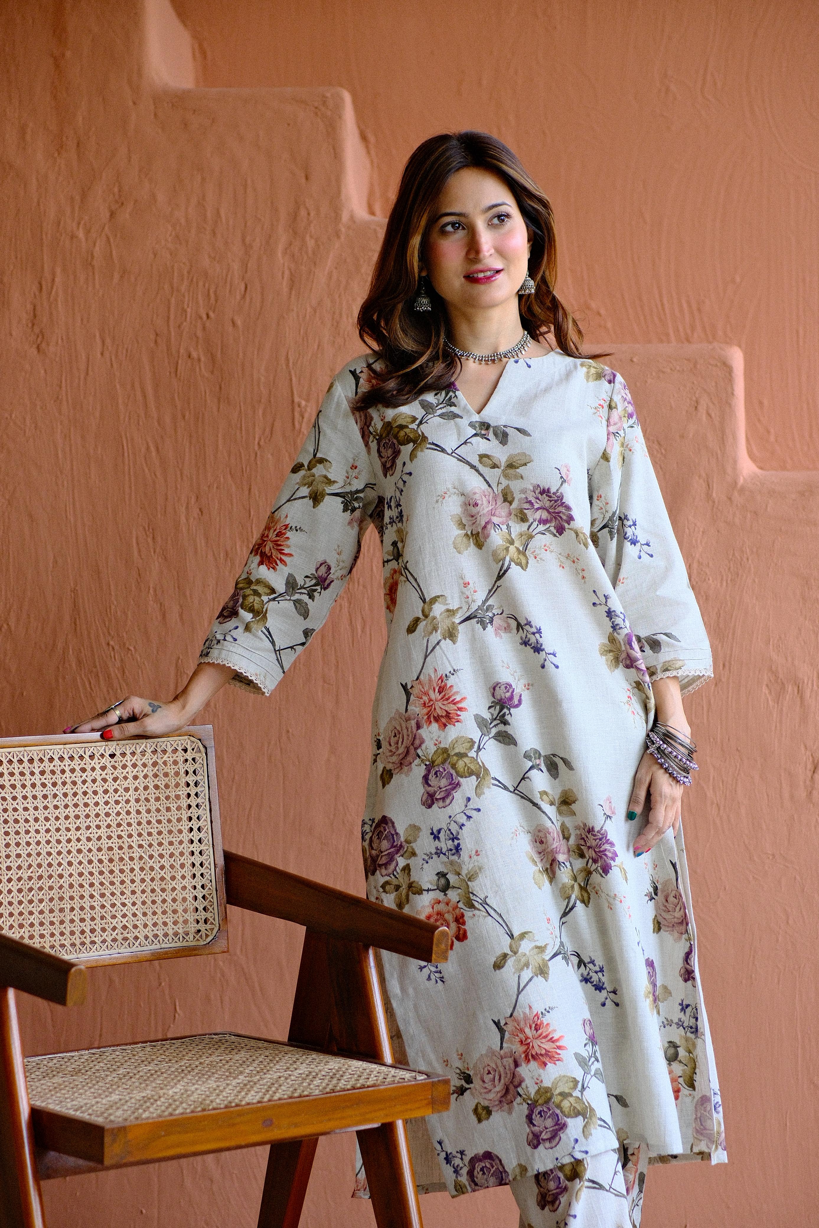 Rosalie Bloom Pure Linen Co-ord/Kurta Set | HER-465