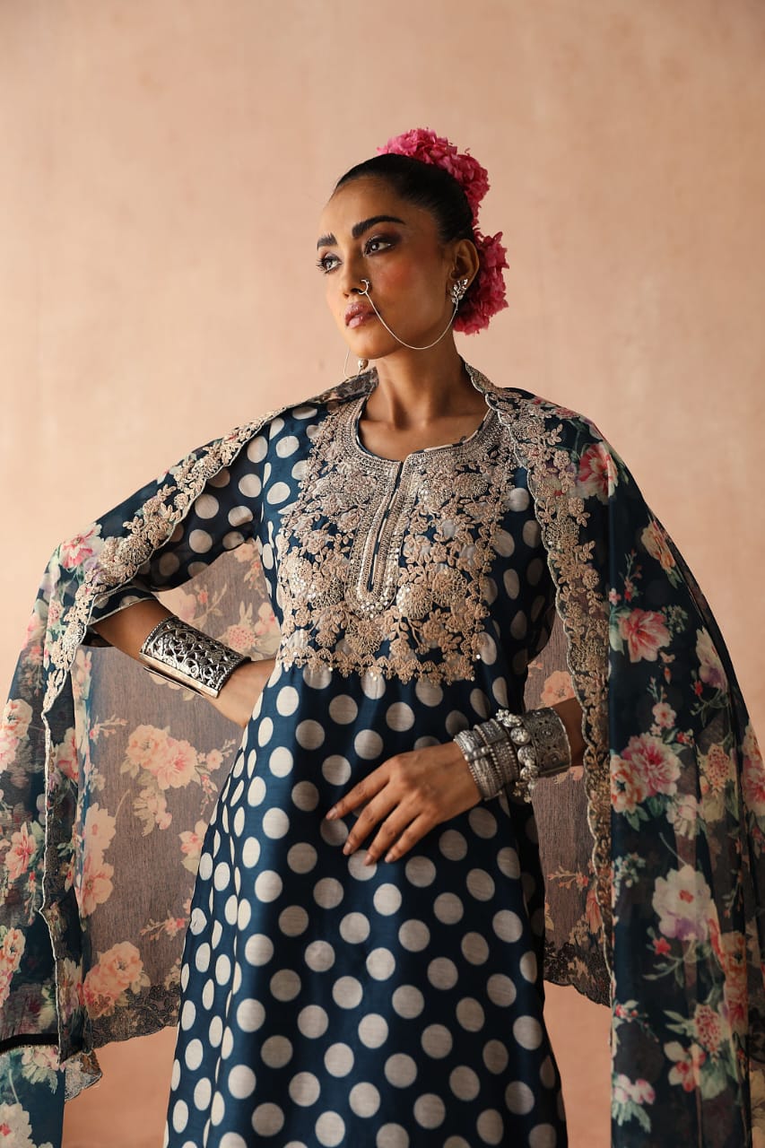 Blue Polka Chanderi Kurta Set | HER-253