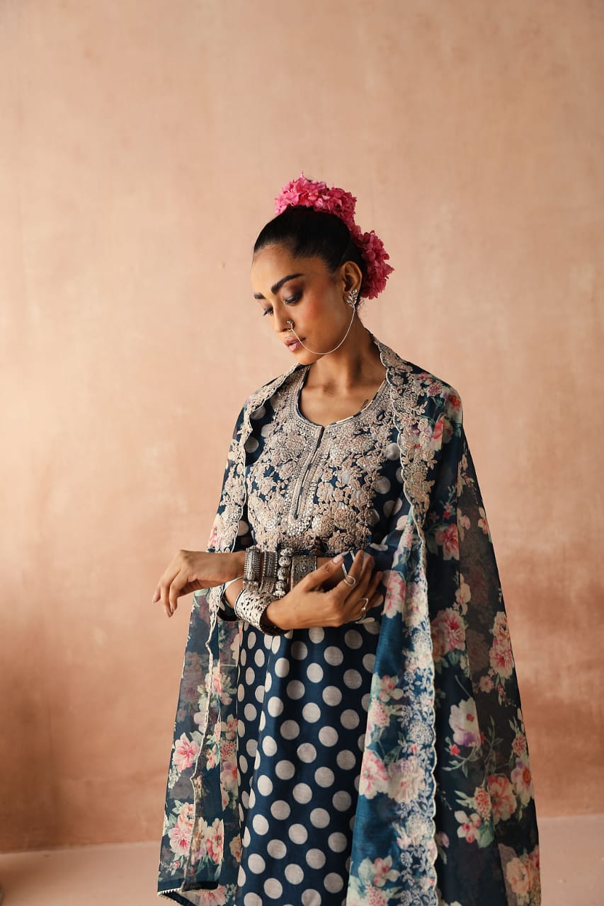 Blue Polka Chanderi Kurta Set | HER-253