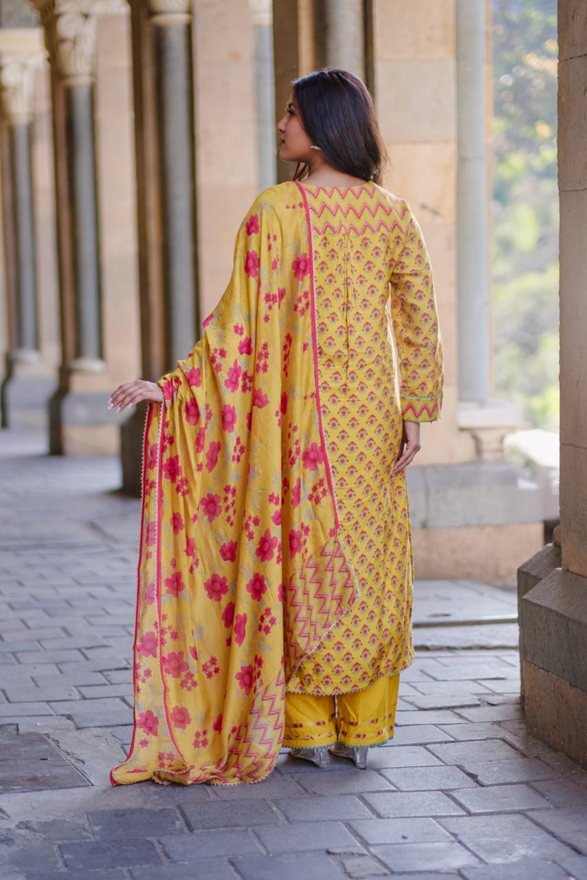 Sunshine Yellow Floral Chanderi Silk Suit Set | HER-636