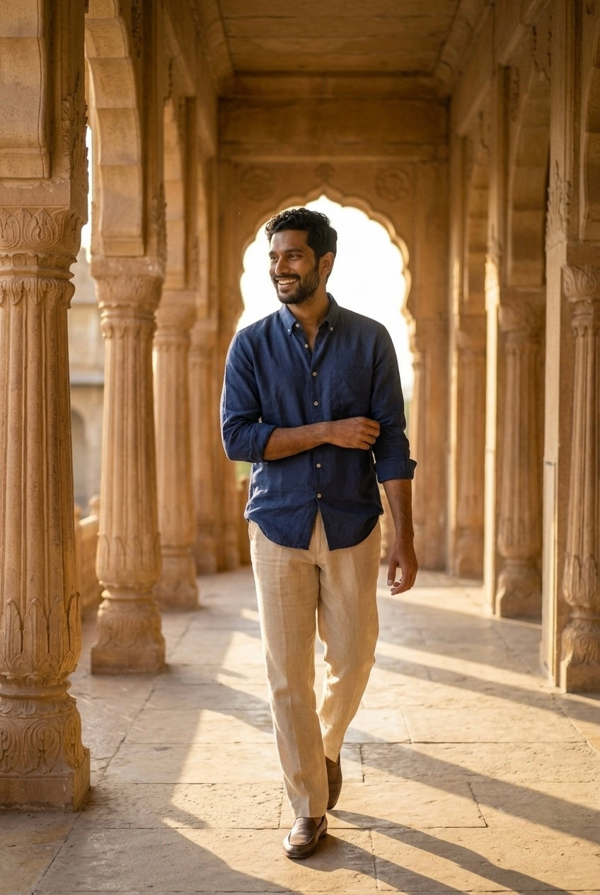 Deep Indigo Blue Men’s Pure Linen Full-Sleeves Shirt