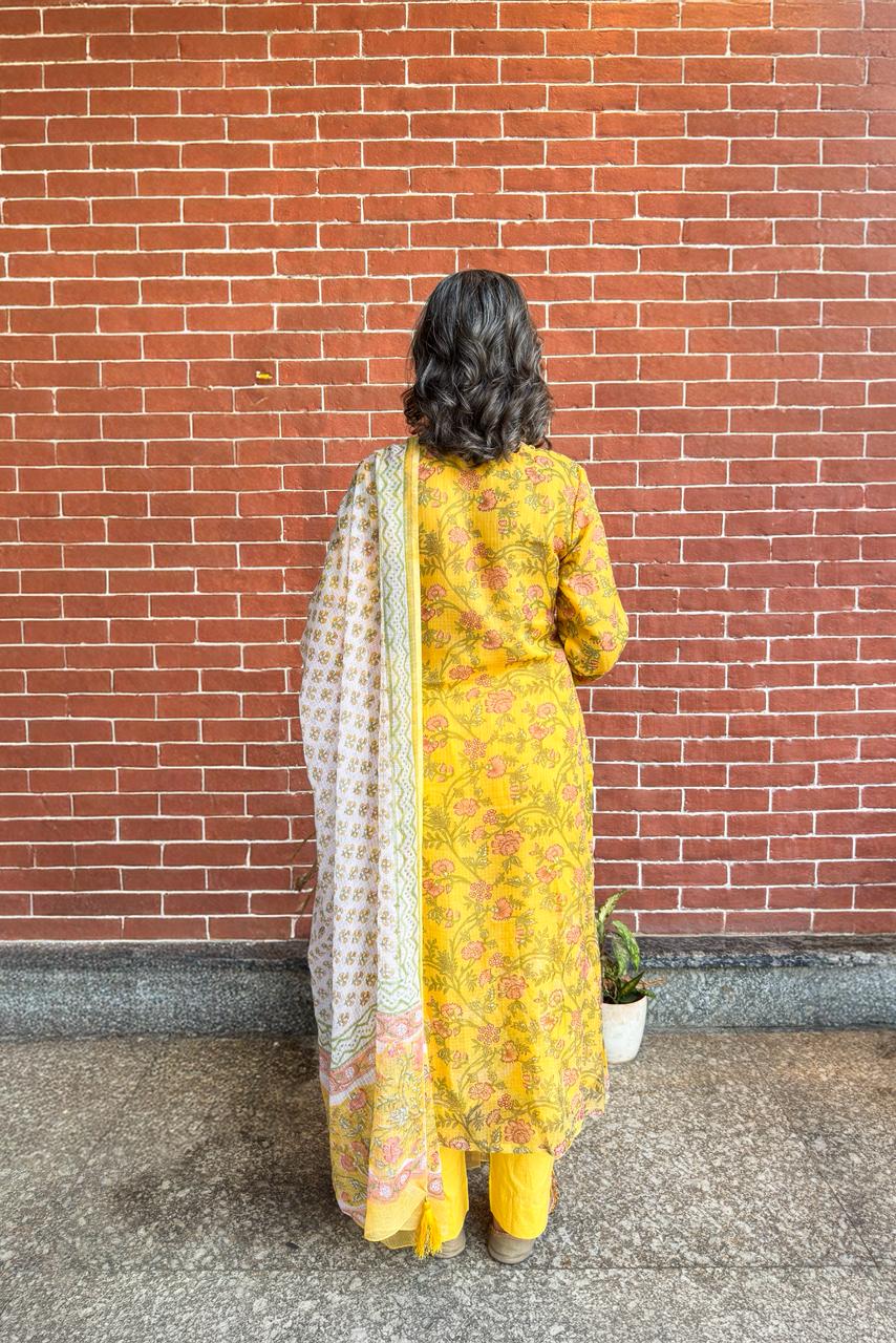 Yellow Floral Printed Suit Set, with Kota Doria Dupatta | HER-756