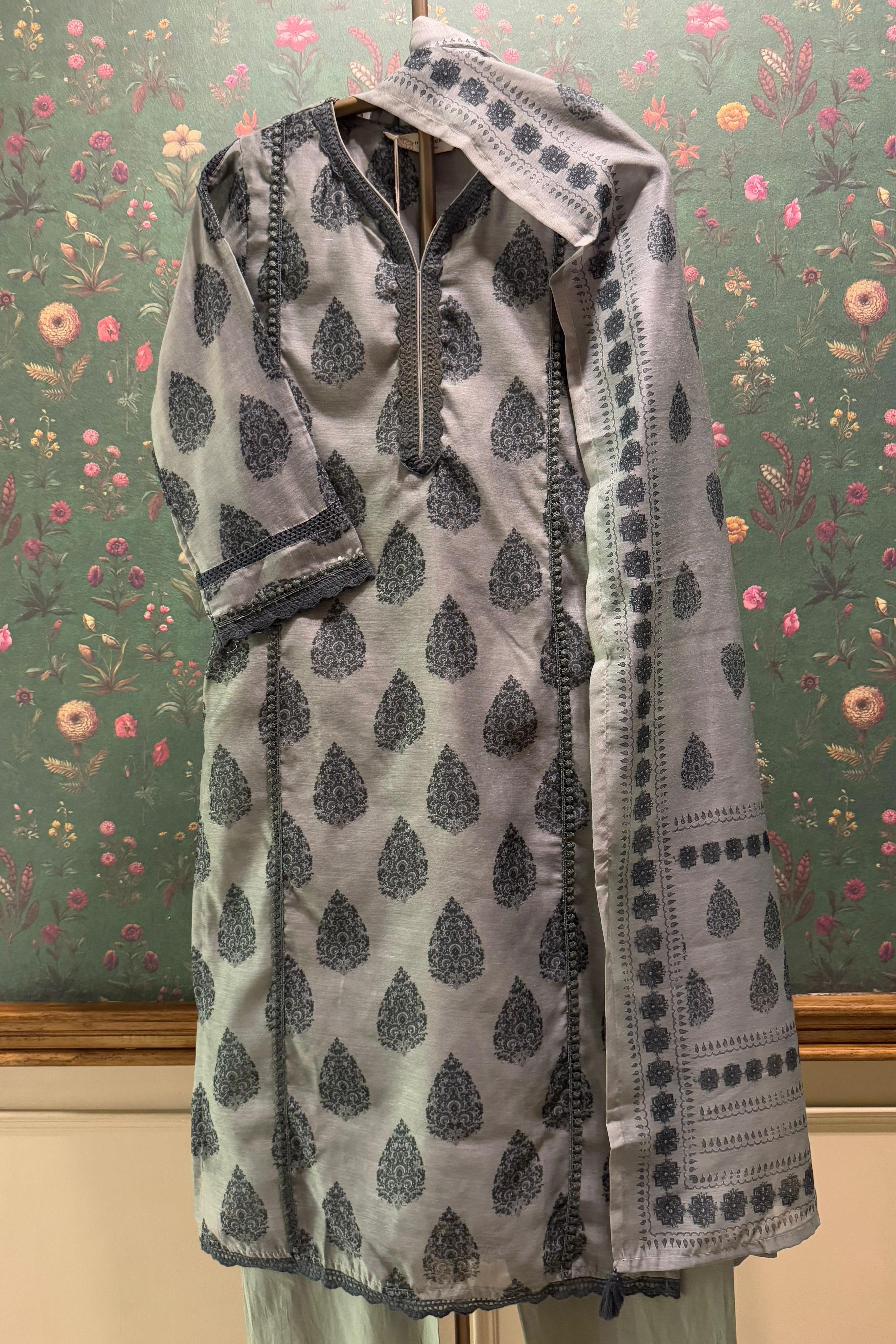 Tehzeeb Charcoal Sage Green Chanderi Suit Set | HER-411