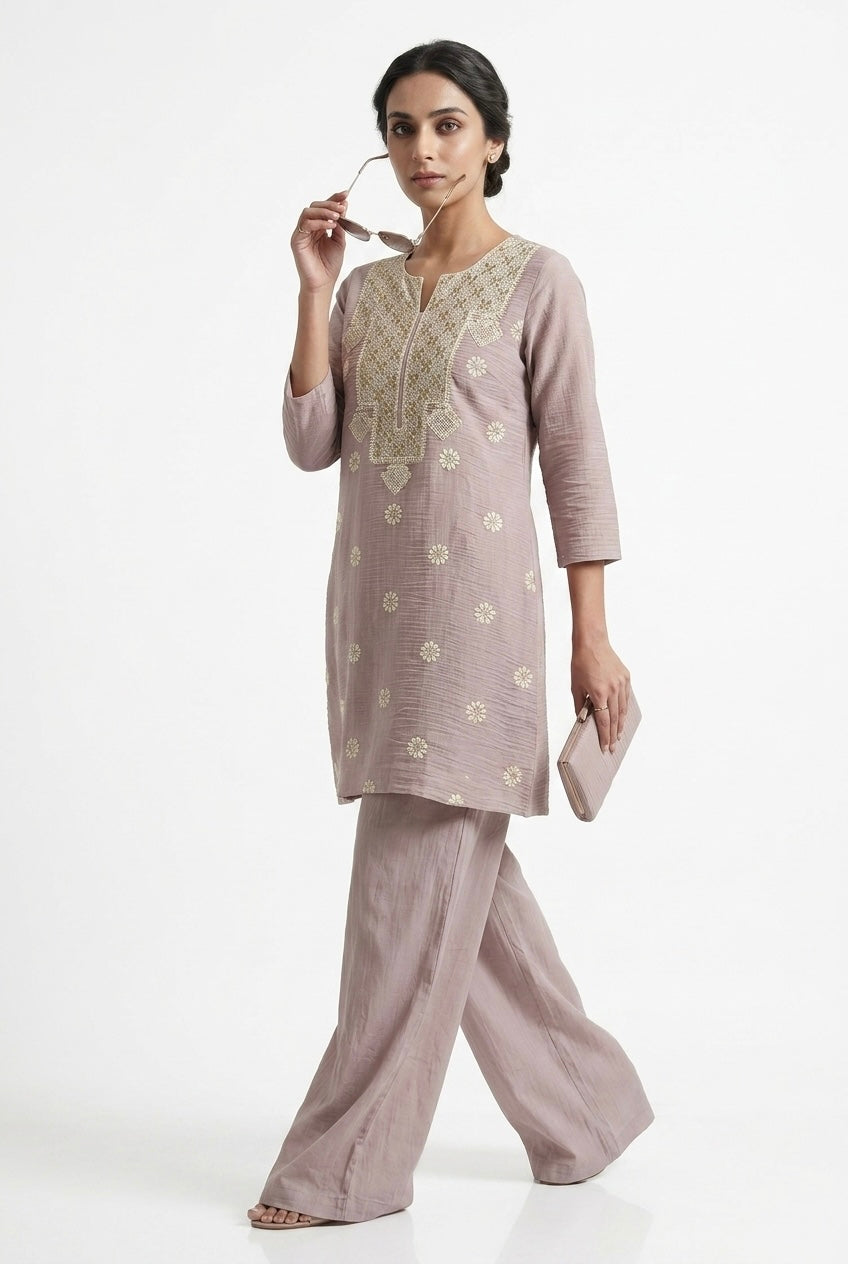 Soft Mauve Embroidered Kurta/Co-ord Set | HER-779