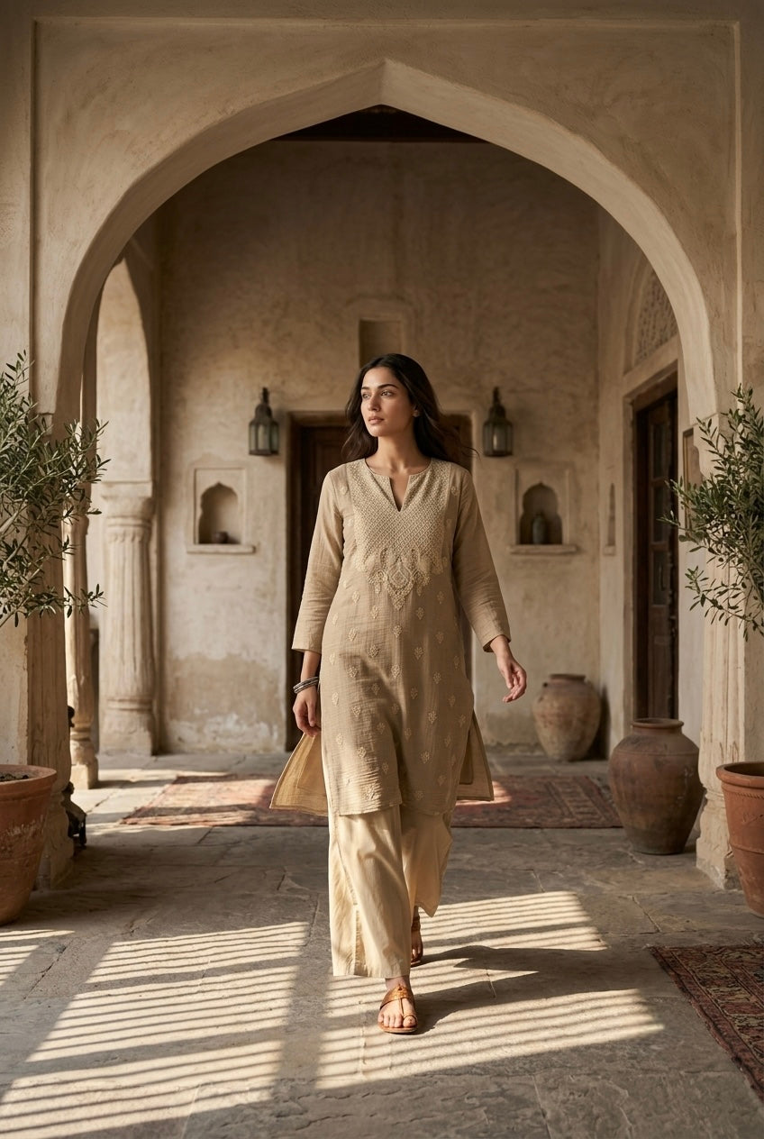 Sand Beige Mul-Chanderi Kurta Set