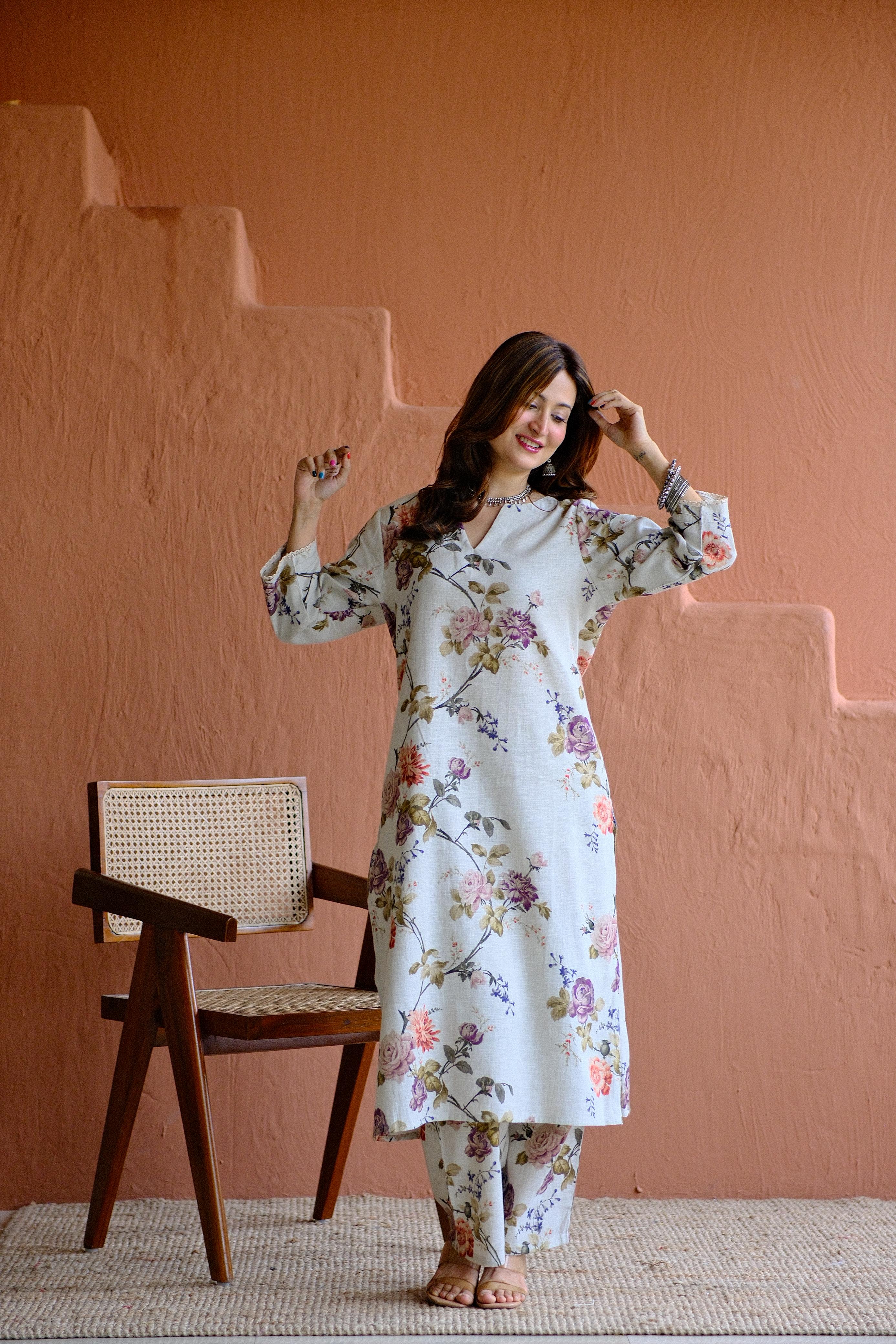 Rosalie Bloom Pure Linen Co-ord/Kurta Set | HER-465