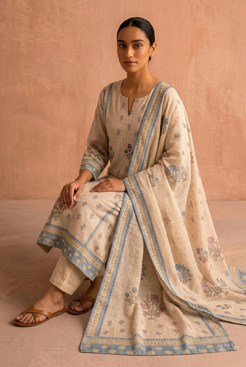 Beige Floral Embroidered Cotton Linen Suit Set | HER-668