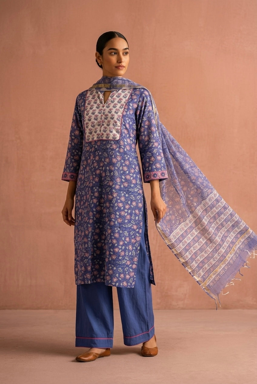 Blue Floral Printed Cotton Suit Set, with Kota Doria Dupatta | HER-753