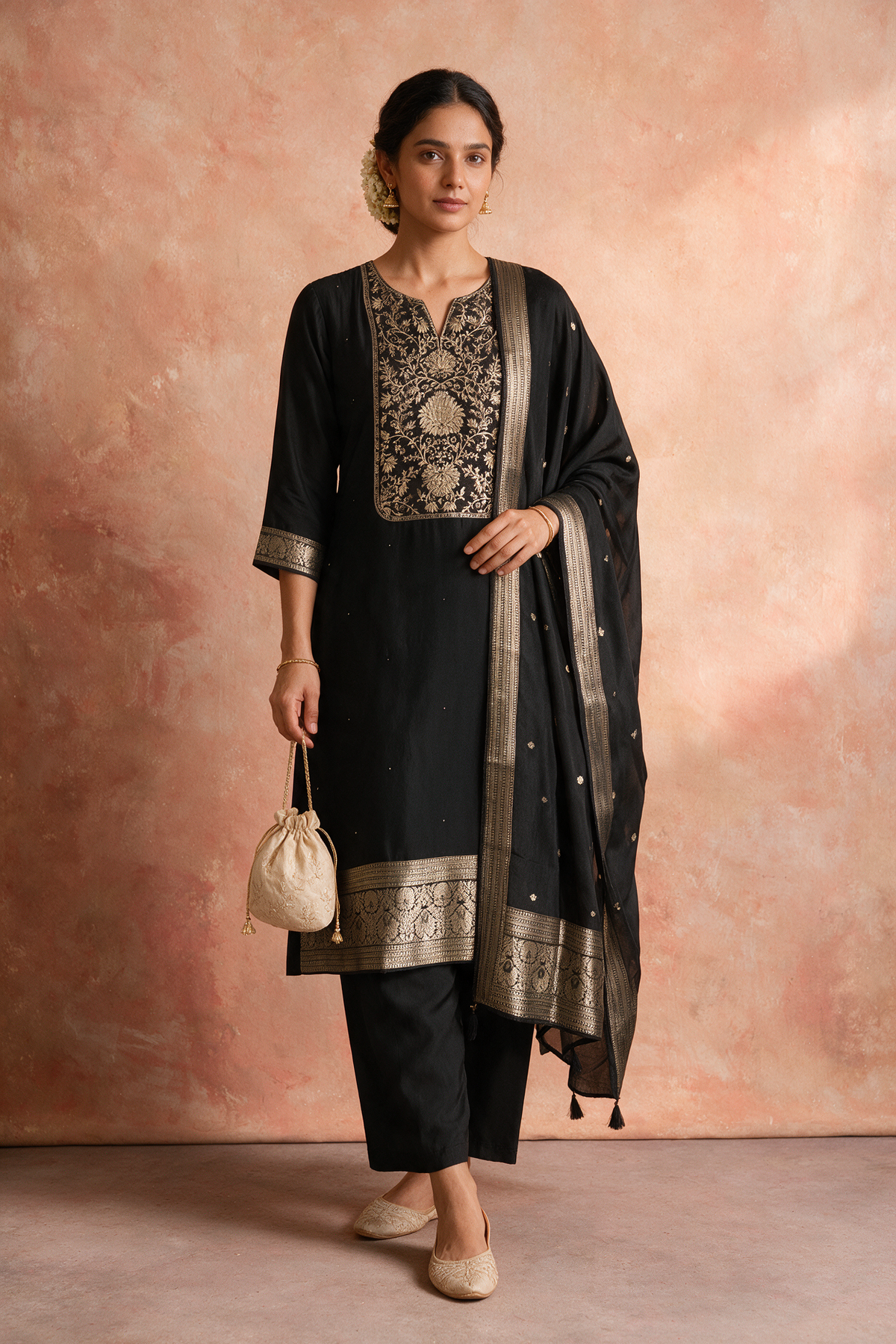 Black Dola Silk Zari Embroidered Suit Set