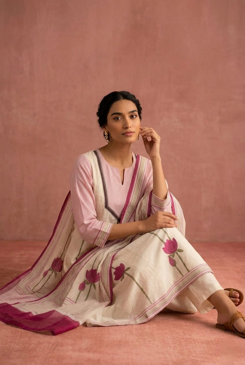 Ivory Lotus Chanderi Suit Set | HER-612