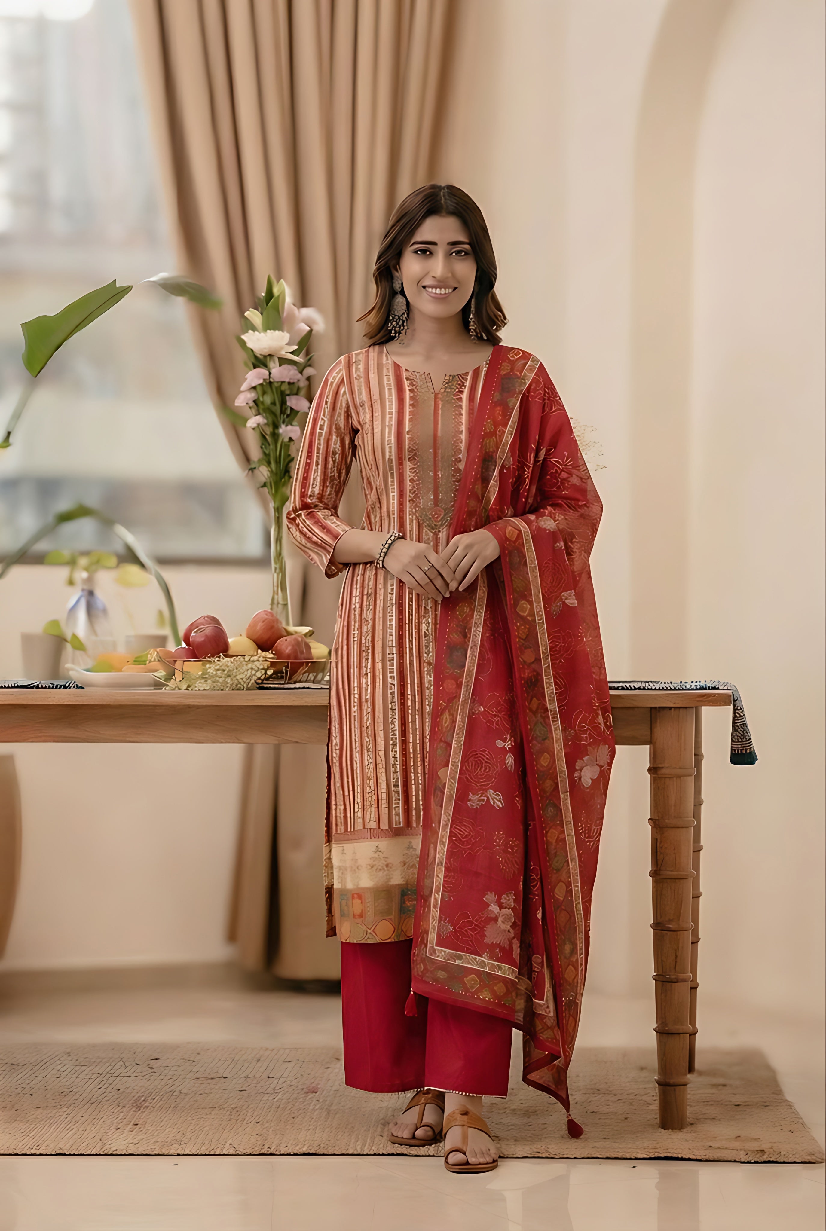 Rangriti Red Dola Jacquard Suit Set | HER-549