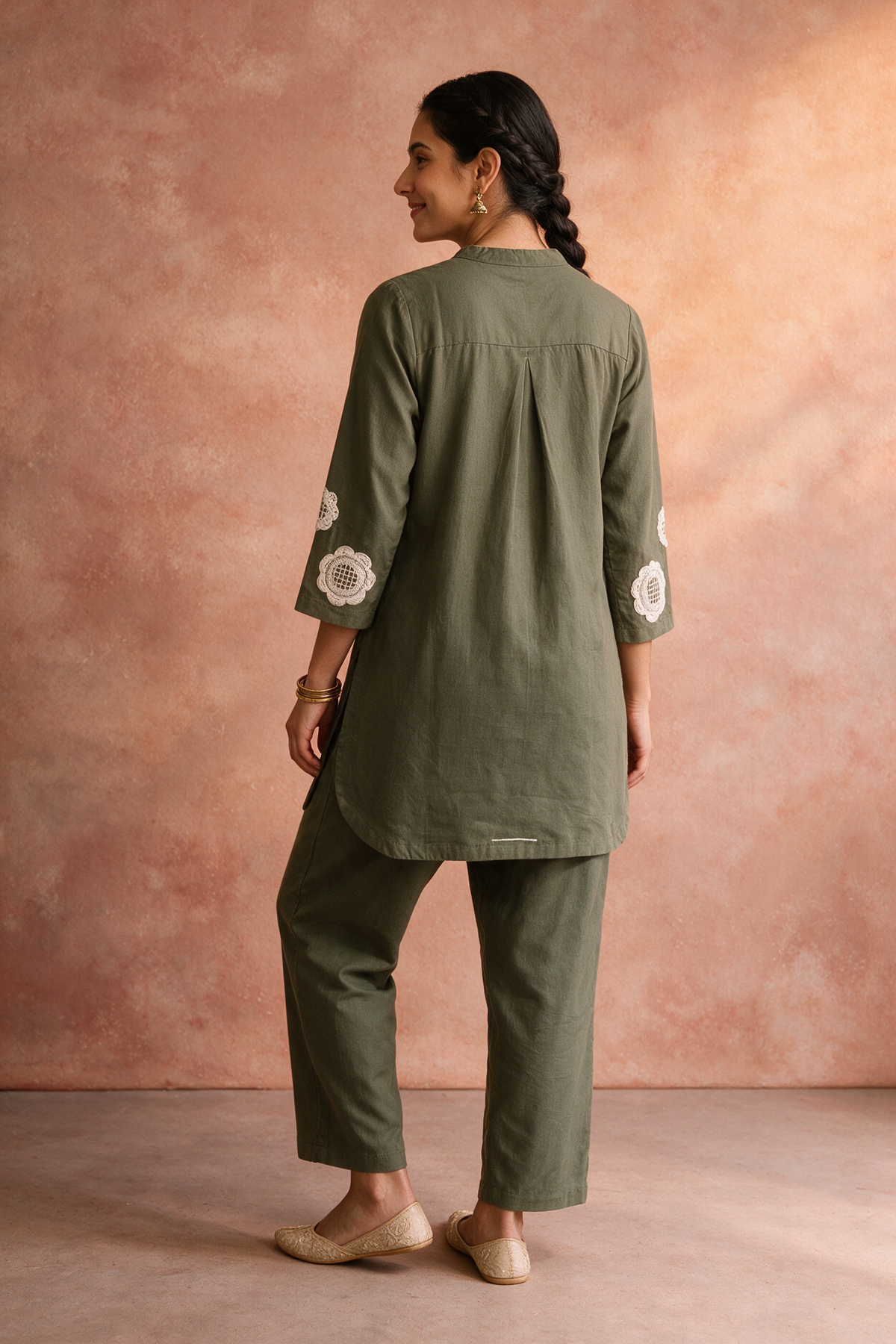 Olive Green Appliqué Khadi Cotton Kurta/Co-ord Set